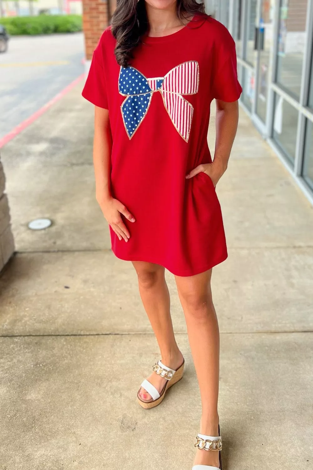 Sequin Trim Stars and Stripes Bow Patched T Shirt Mini Dress - Image 4