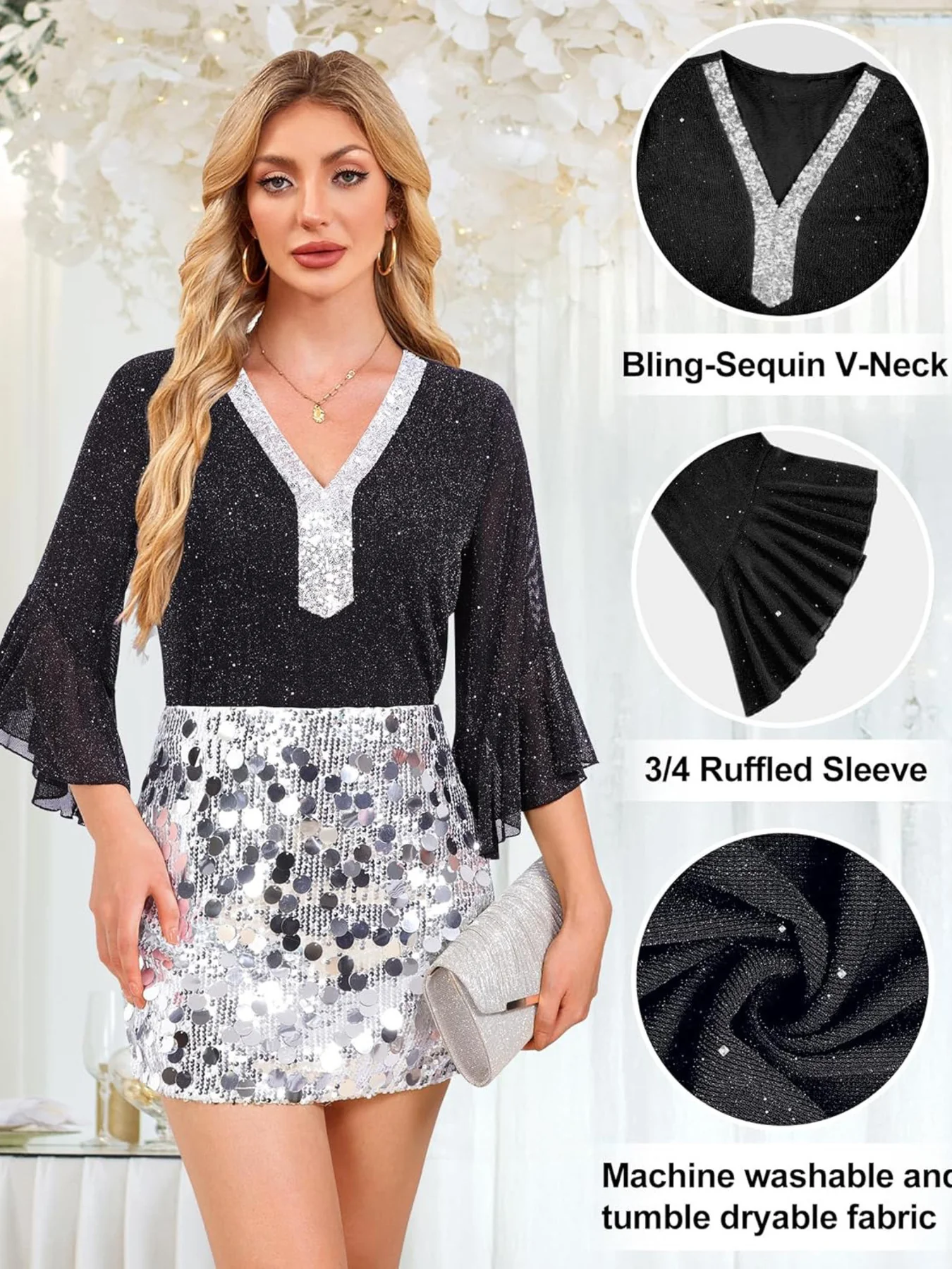 Sequin V-Neck Flounce Sleeve Blouse - Image 9