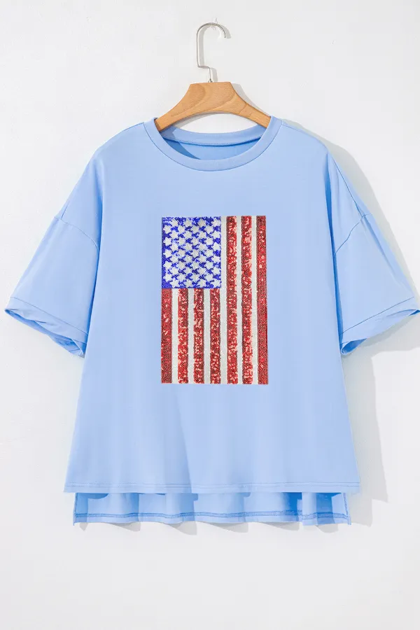 Sequined American Flag Dropped Shoulder T Shirt - Image 3