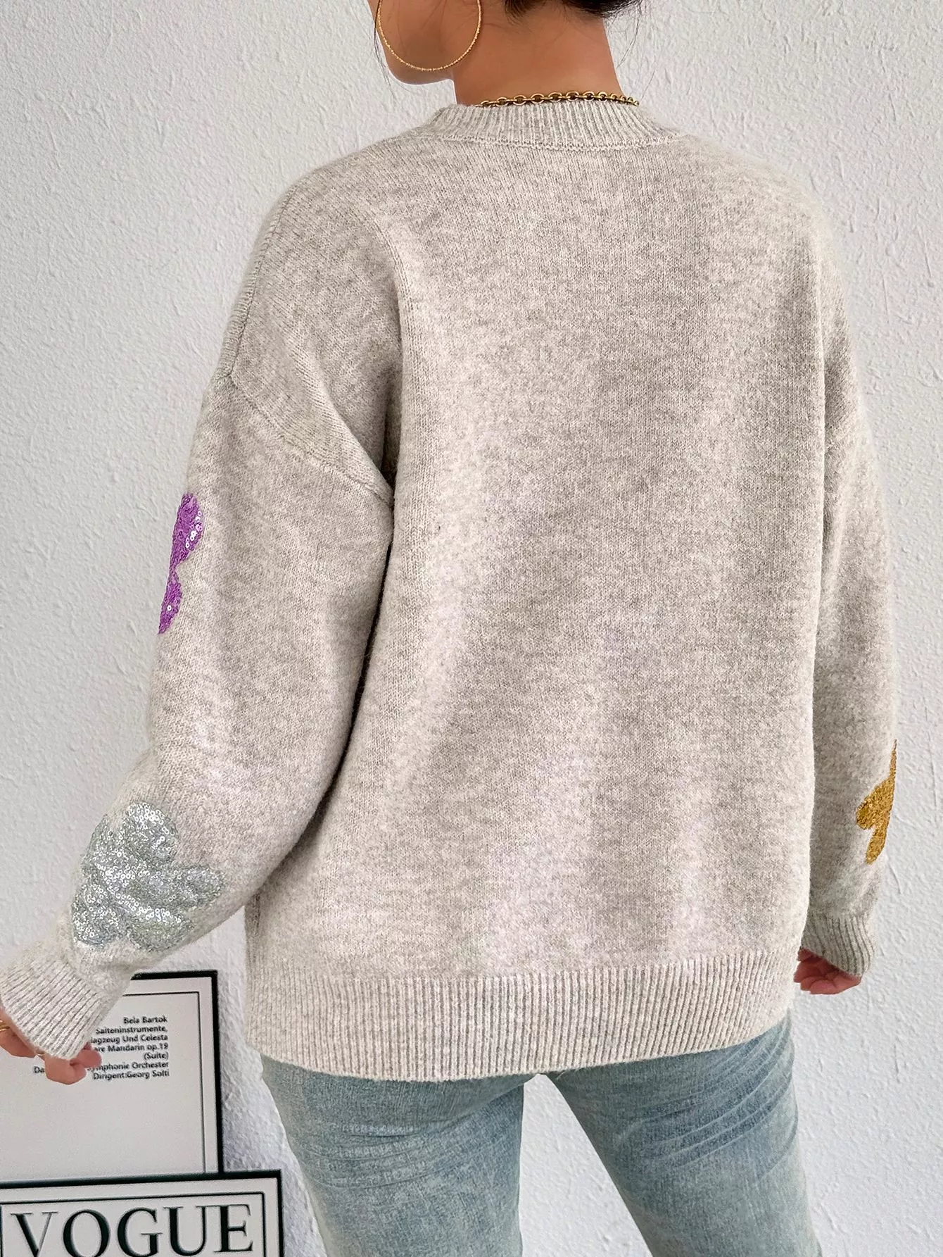 Sequined Floral Round Neck Sweater - Image 6