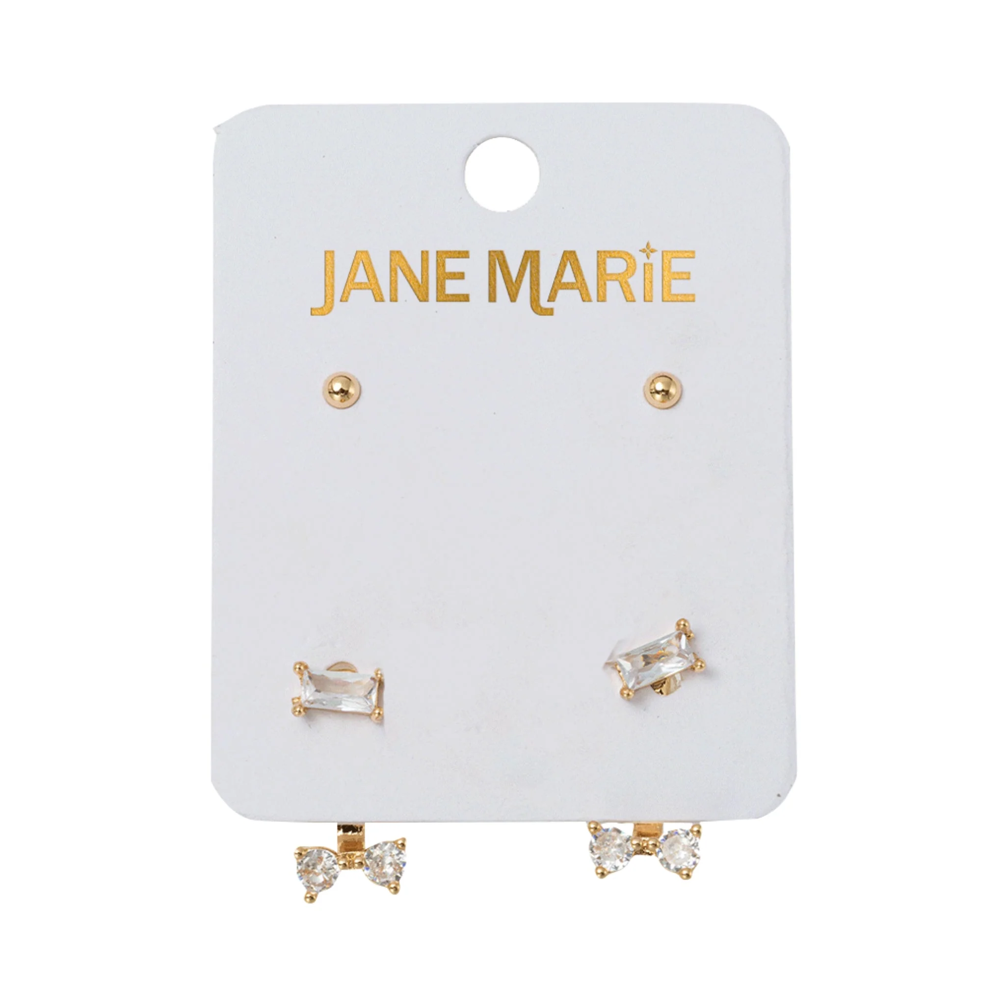 Set of 2 Earrings, Gold Ball, Crystal Double Stud Chain, Clear Crystal Double Stud Chain