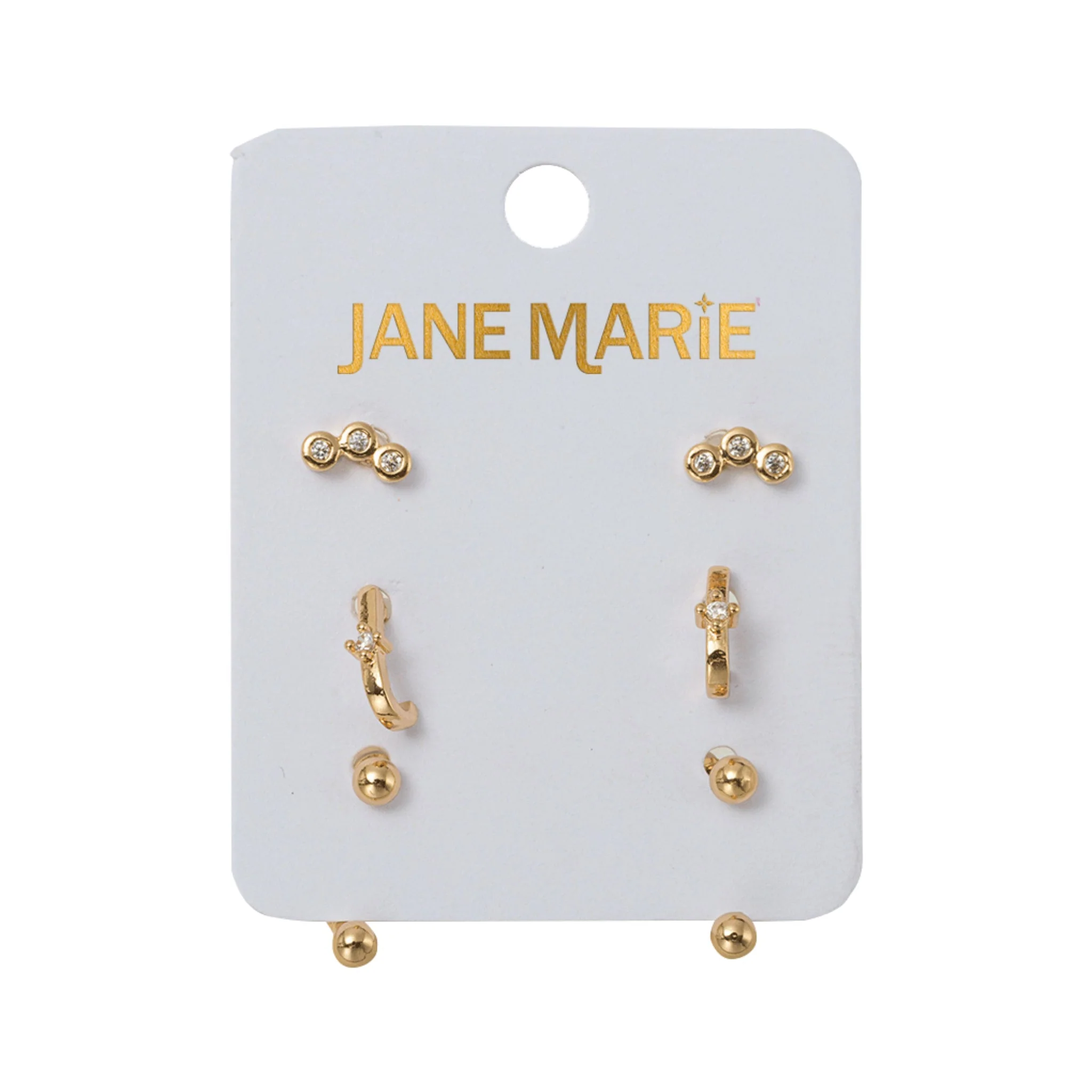 Set of 3 Earrings, 3 Clear Crystals, Crystal Faux Huggie, Gold Ball with Gold Ball Jacket