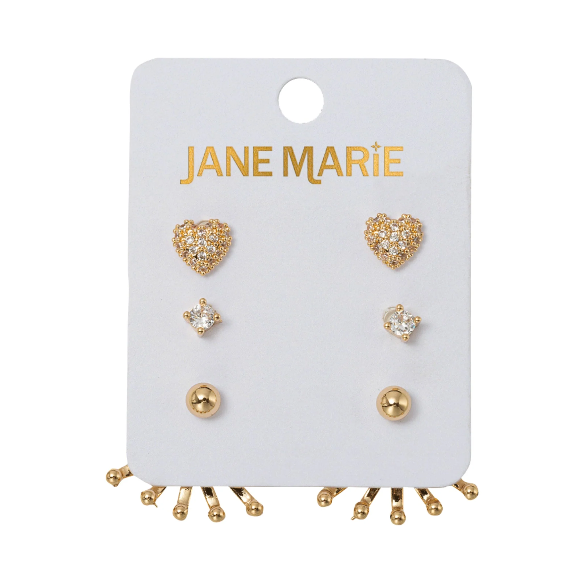 Set of 3 Earrings, Crystal Heart, Crystal, Gold Ball with Gold Ball Tip Fan Jacket