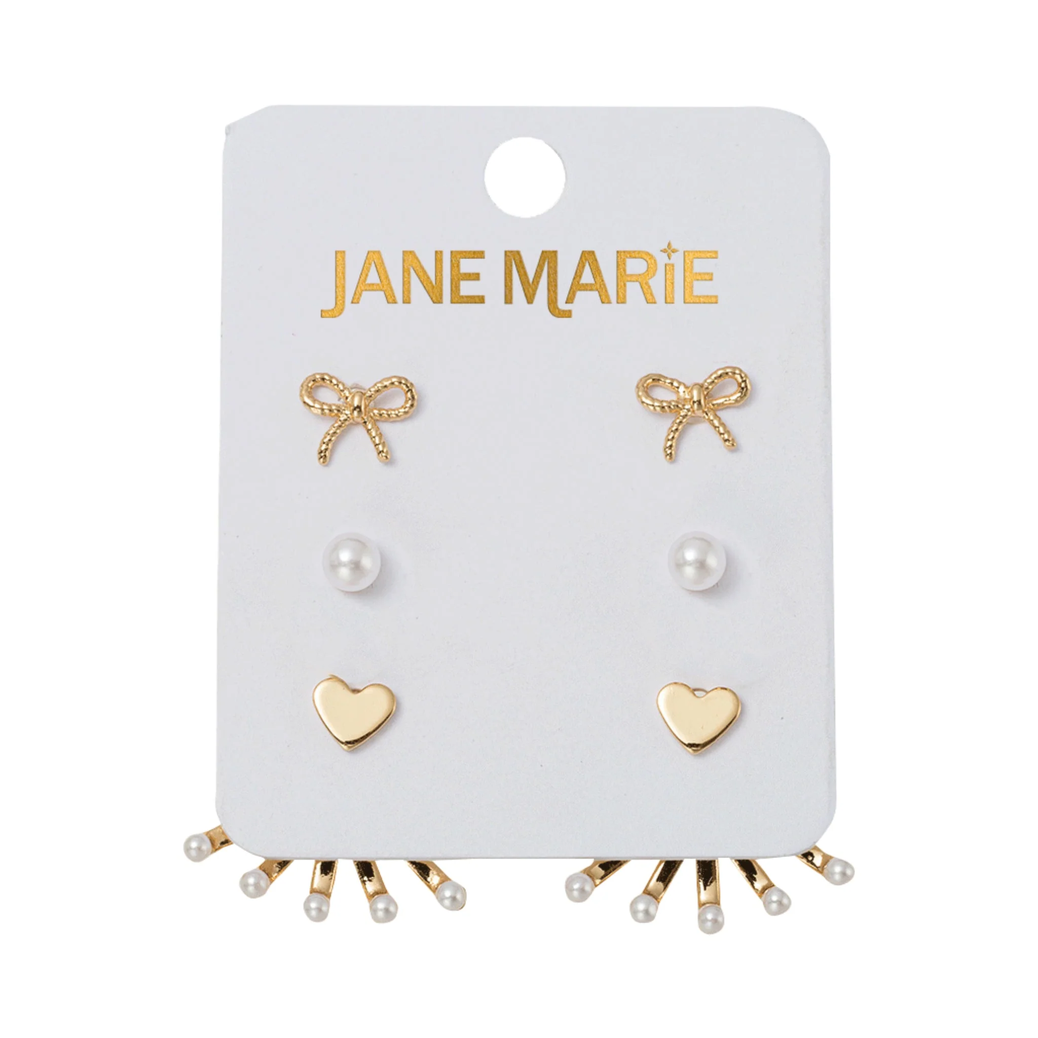 Set of 3 Earrings, Gold Bow, Pearl , Gold Heart with Pearl Tip Fan Jacket