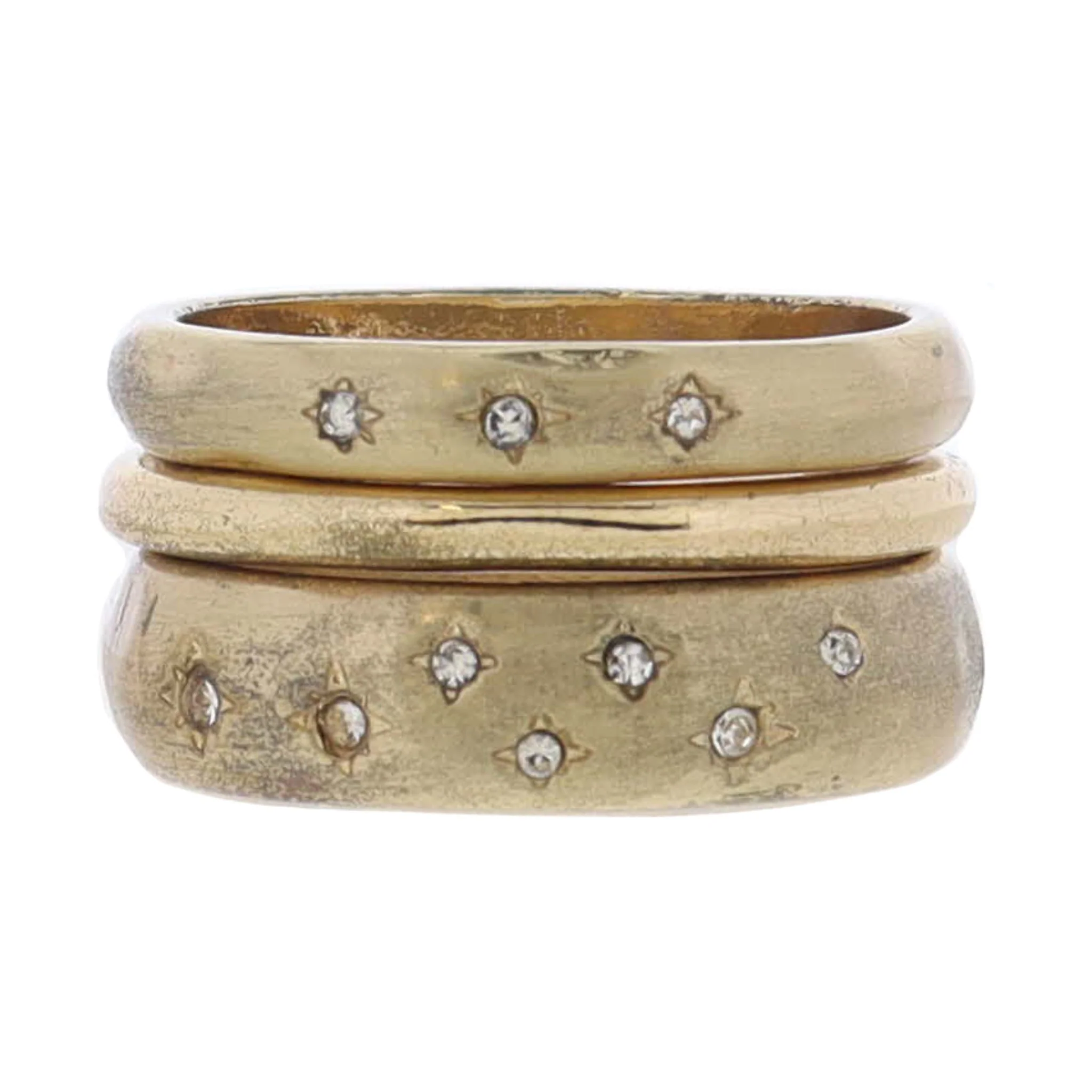 Set of 3, Matte Gold Band, Skinny Shiny Gold Band, Larger Matte Gold Band with Star Crystals Ring