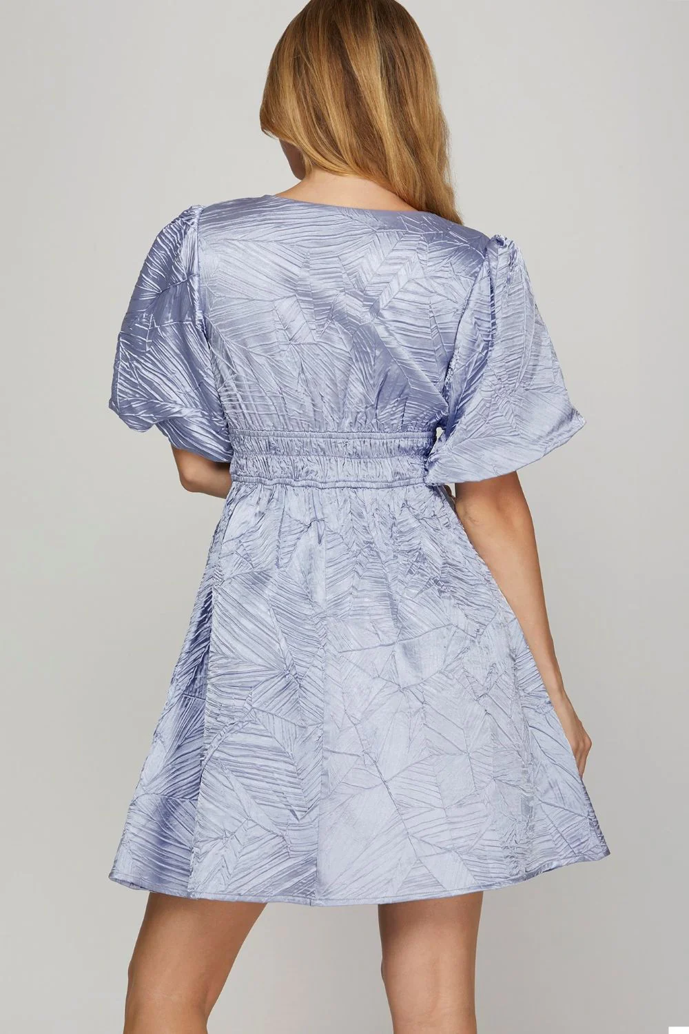 She + Sky Crinkle Woven V-Neck Balloon Sleeve Mini Dress - Image 2