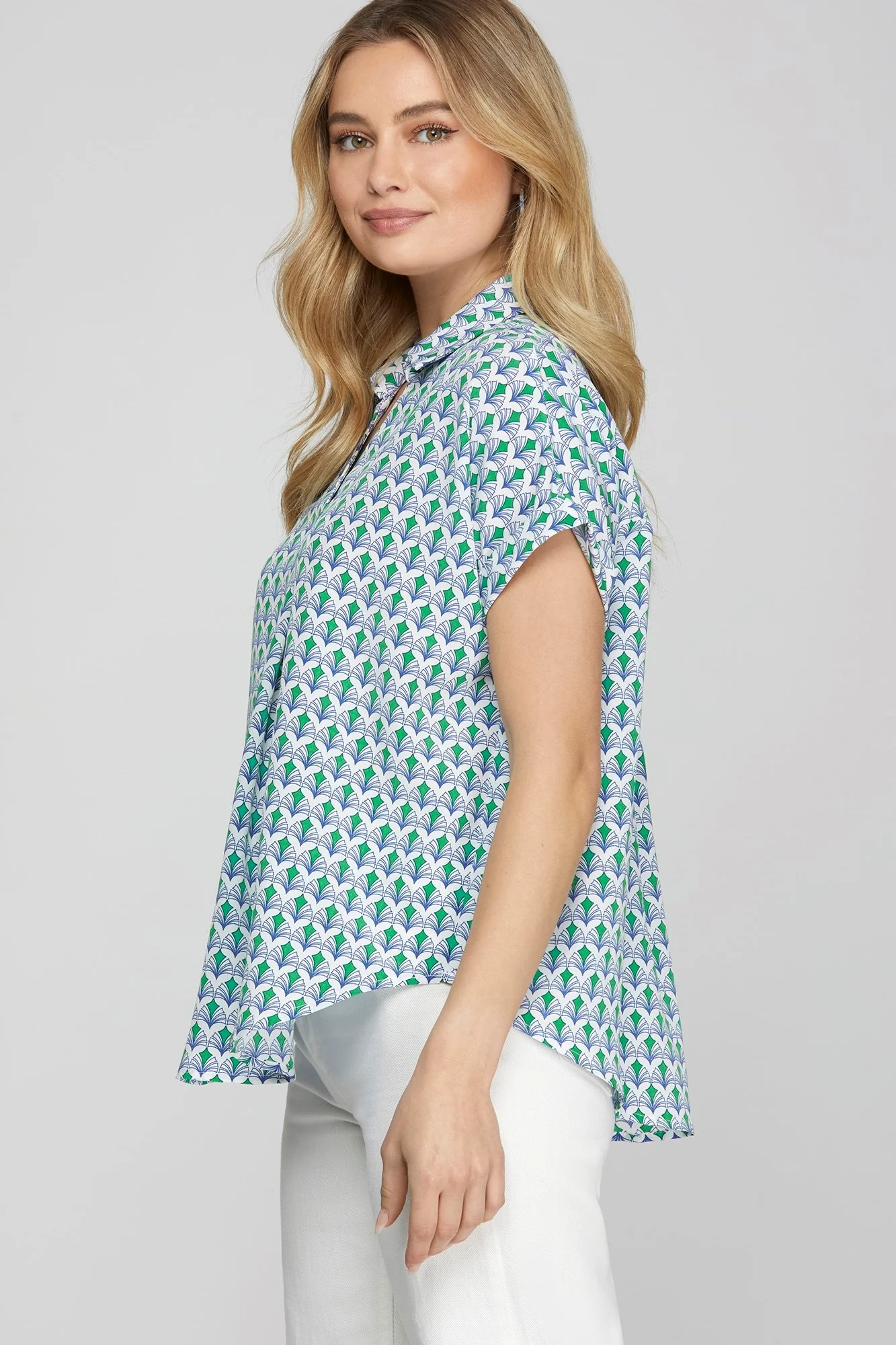 She + Sky Full Size Printed Johnny Collar Short Sleeve Blouse Plus Size - Image 3