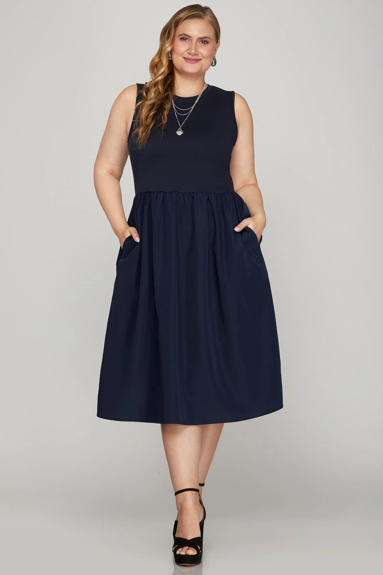 She + Sky Full Size Sleeveless Poplin Woven Midi Dress with Pockets Plus Size - Image 4