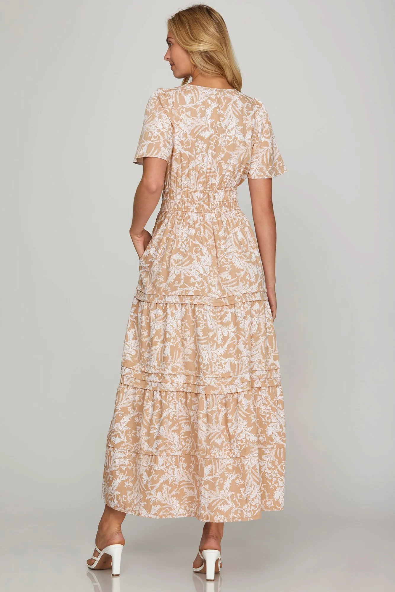 She + Sky Printed Notched Woven Tiered Pintuck Maxi Dress with Side Pockets - Image 2