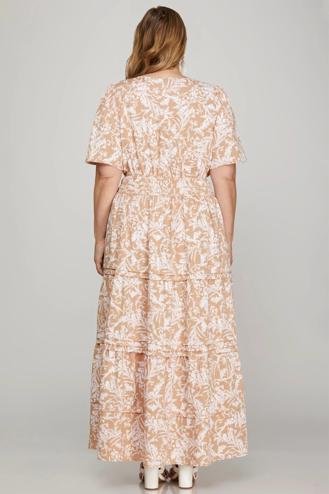 She + Sky Printed Notched Woven Tiered Pintuck Maxi Dress with Side Pockets - Image 5