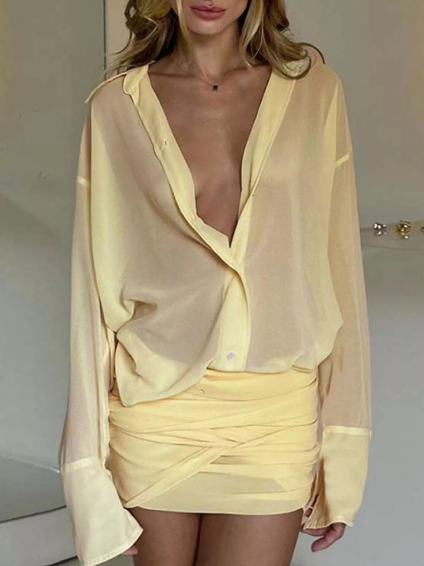 Sheer Button-Down Mini Shirt Dress with Back Tie - Image 3