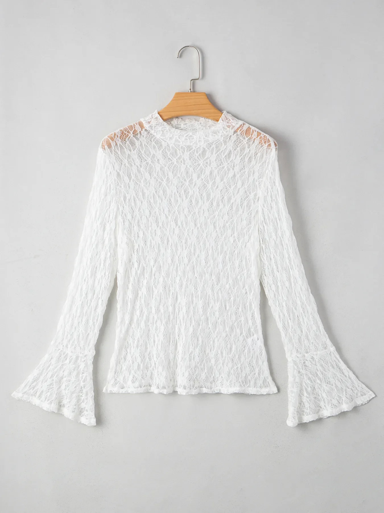 Sheer Lace Bell Sleeve Mock Neck Blouse - Image 4