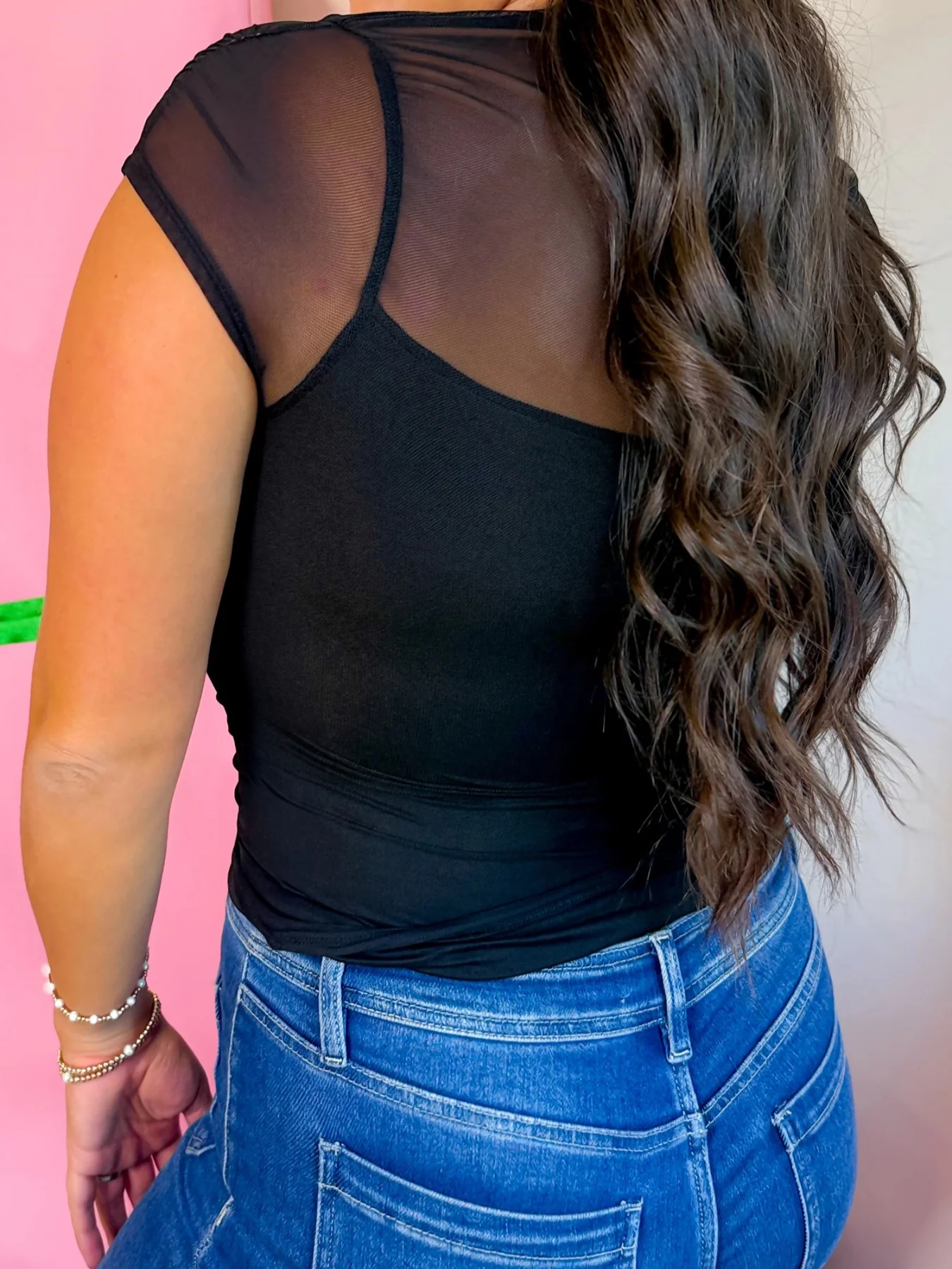 Sheer Mesh Patchwork Cap Sleeve T Shirt - Image 2