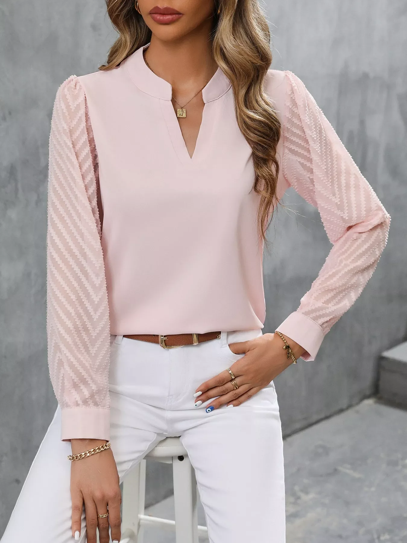 Sheer Sleeve V-Neck Blouse - Image 7