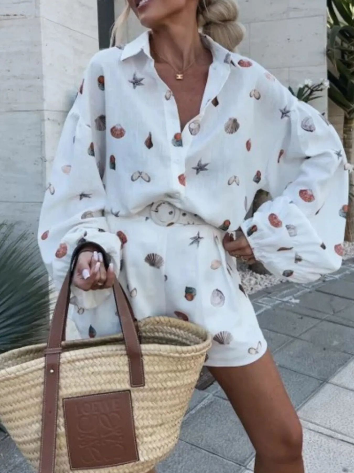 Shell Print Long Sleeve Shirt and Belt Shorts Set - Image 2