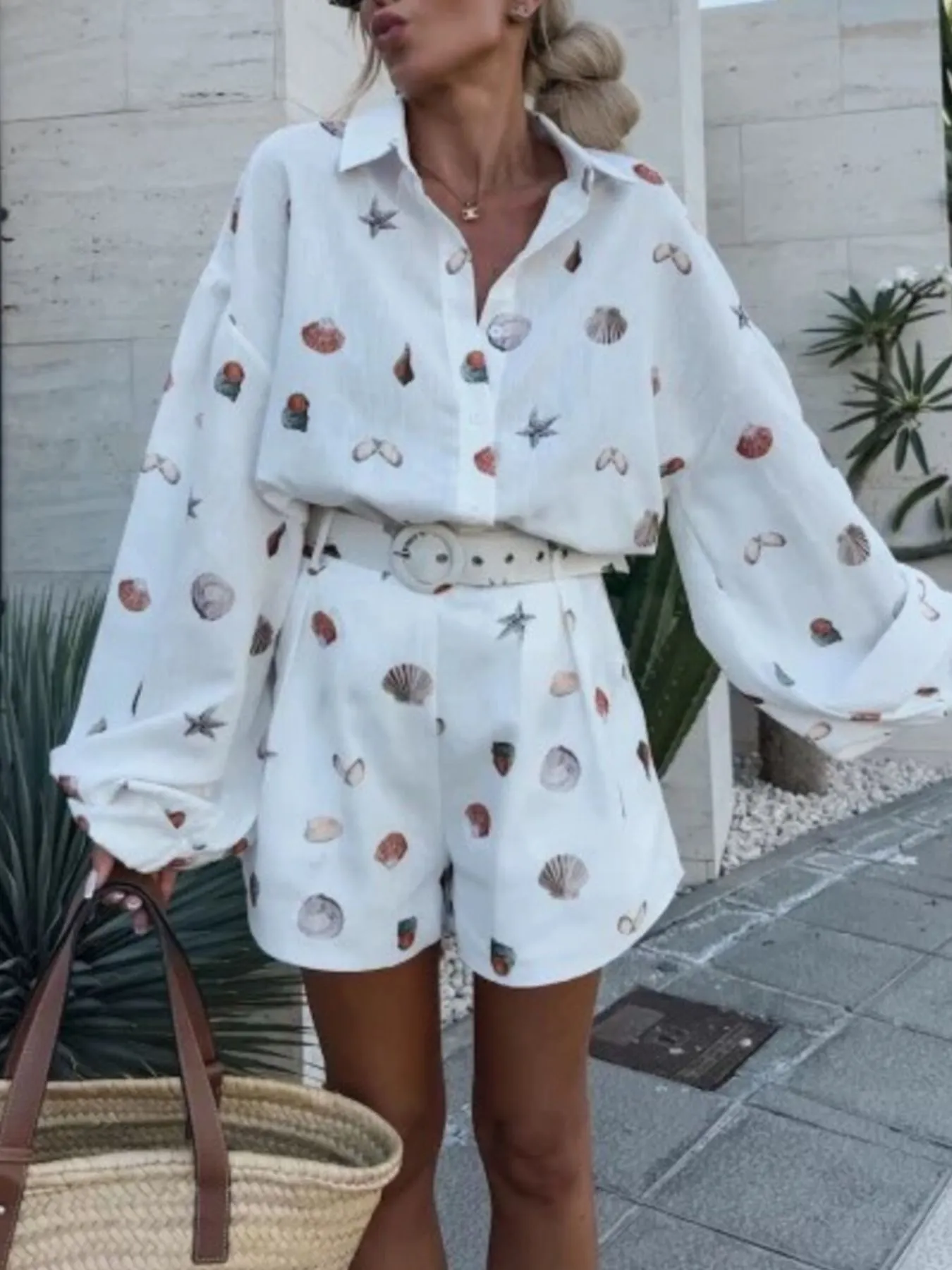 Shell Print Long Sleeve Shirt and Belt Shorts Set - Image 3