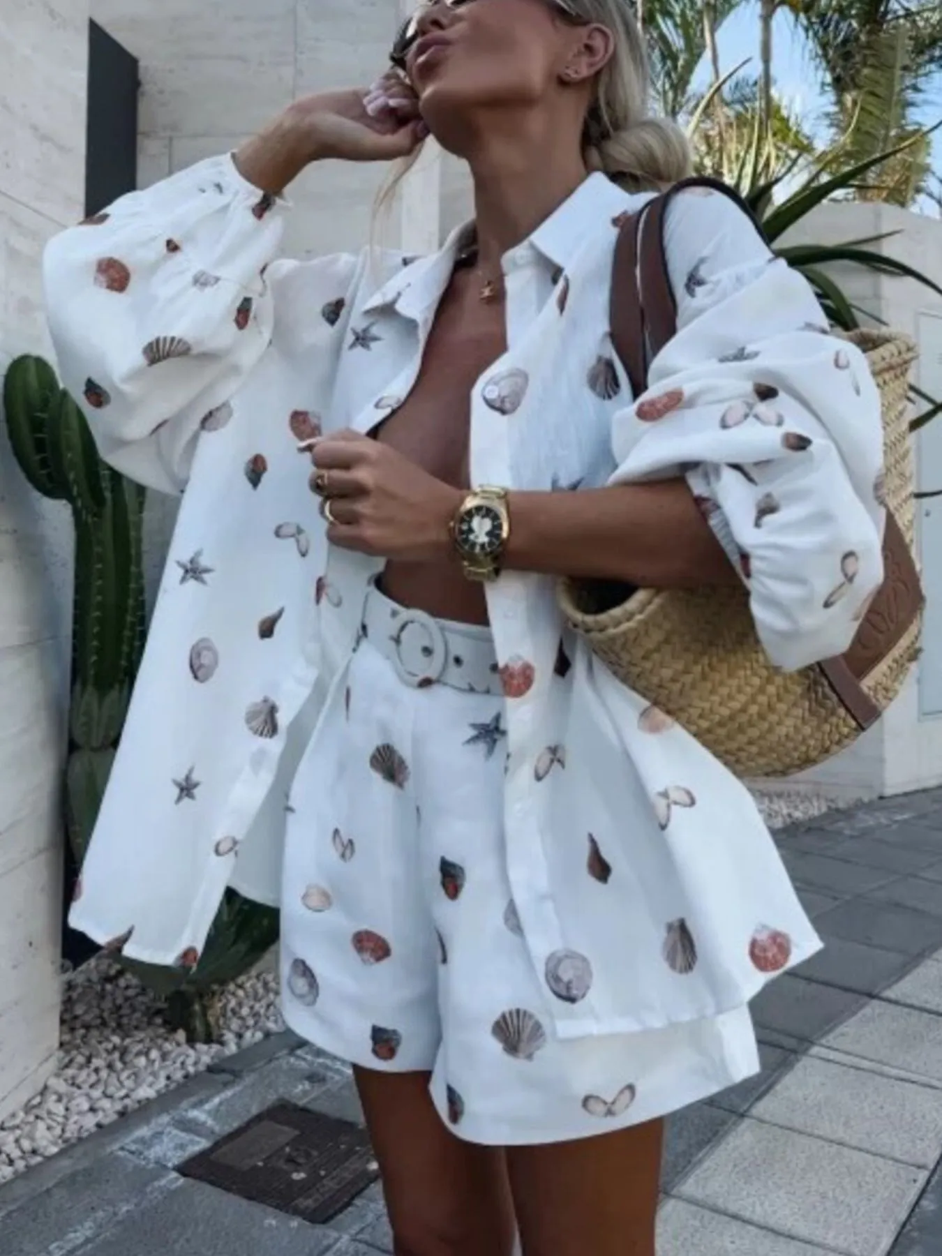 Shell Print Long Sleeve Shirt and Belt Shorts Set - Image 5