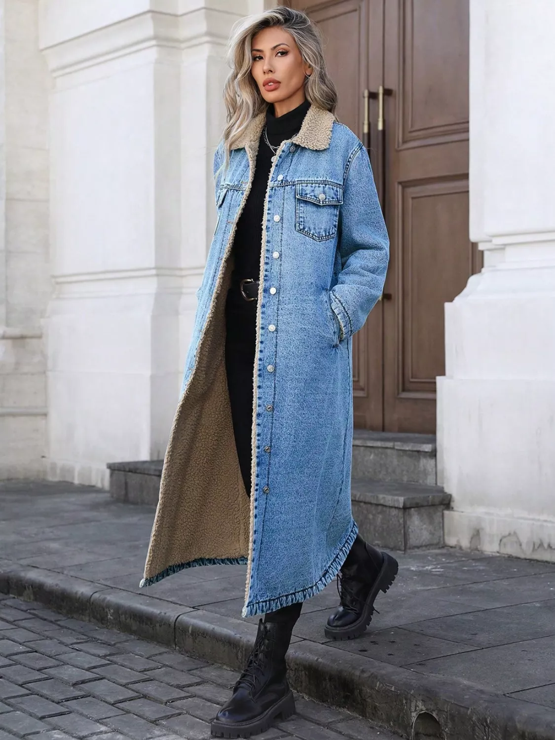 Sherpa Lined Longline Denim Jacket - Image 4