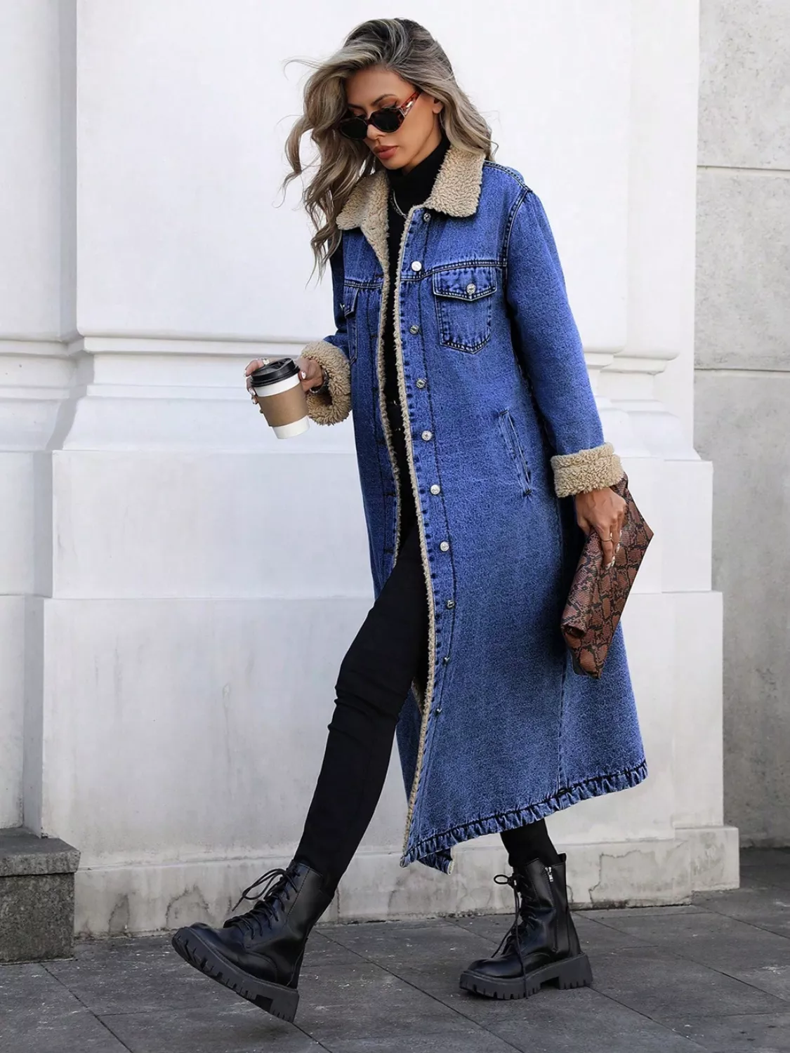 Sherpa Lined Longline Denim Jacket - Image 5