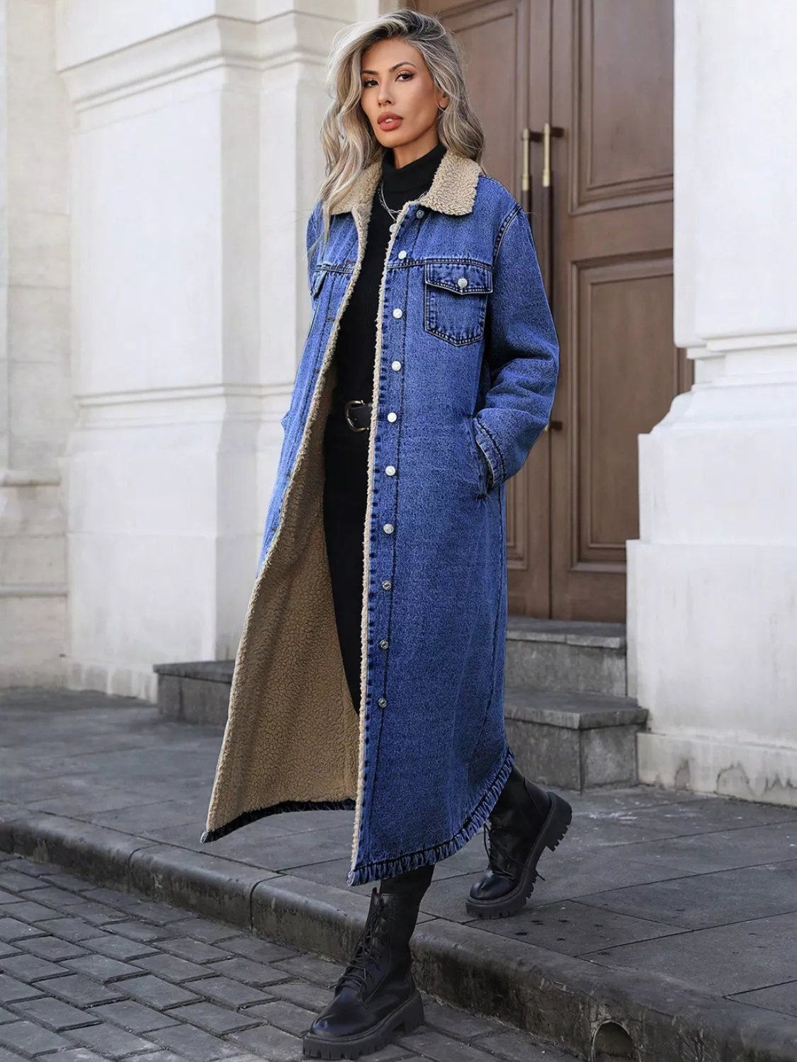 Sherpa Lined Longline Denim Jacket - Image 7