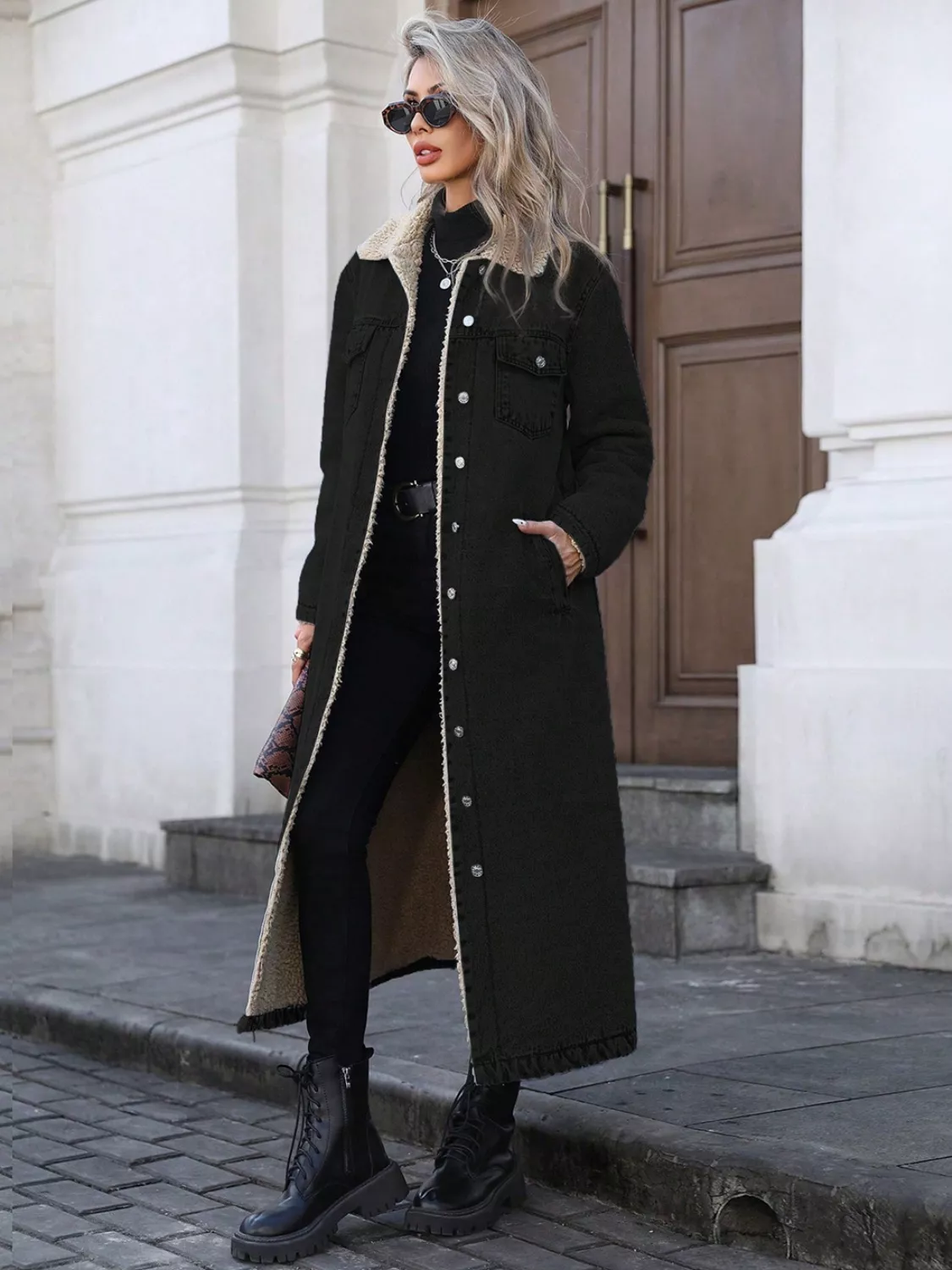 Sherpa Lined Longline Denim Jacket - Image 9