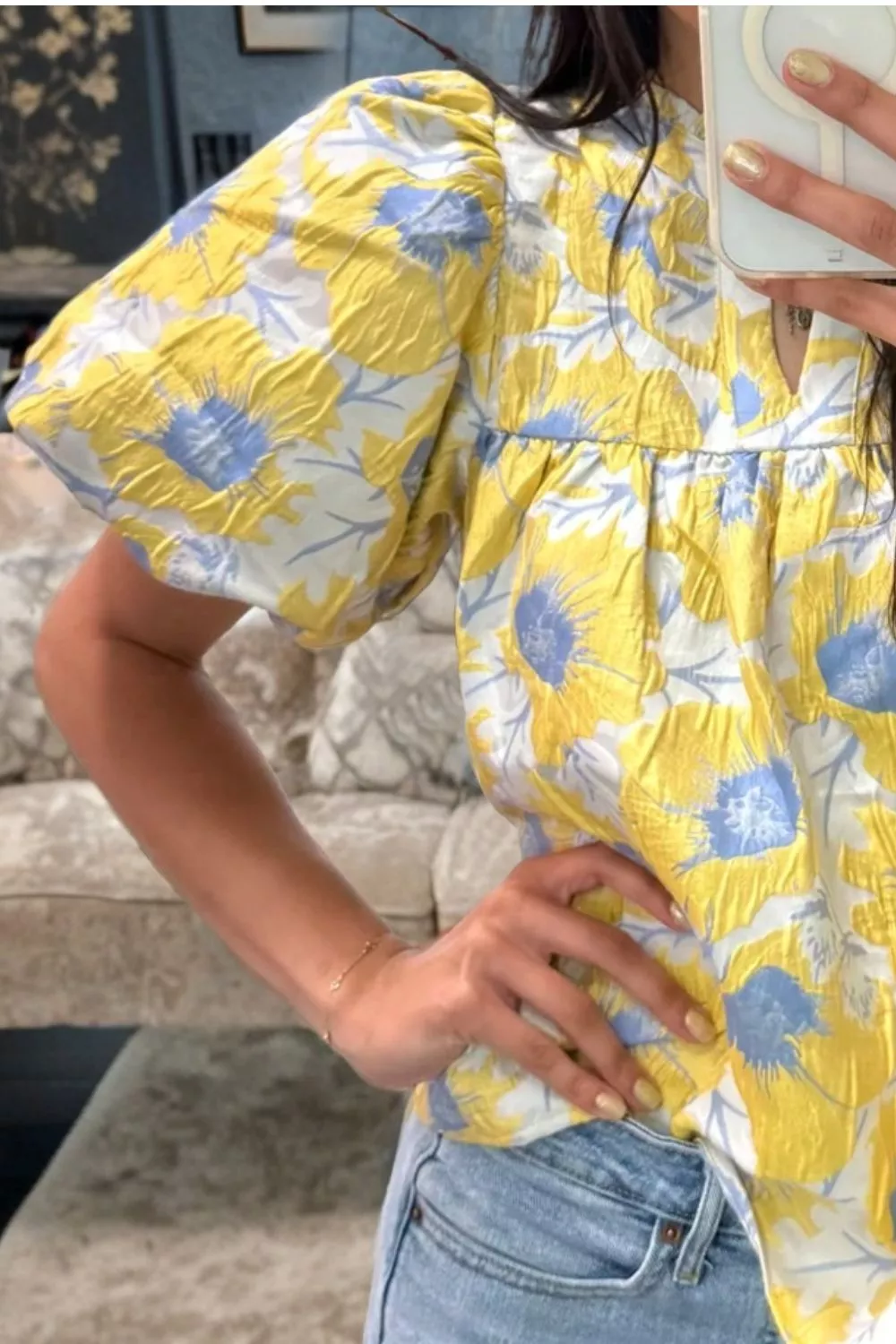 Short Bubble Sleeve Summer Floral Blouse - Image 2