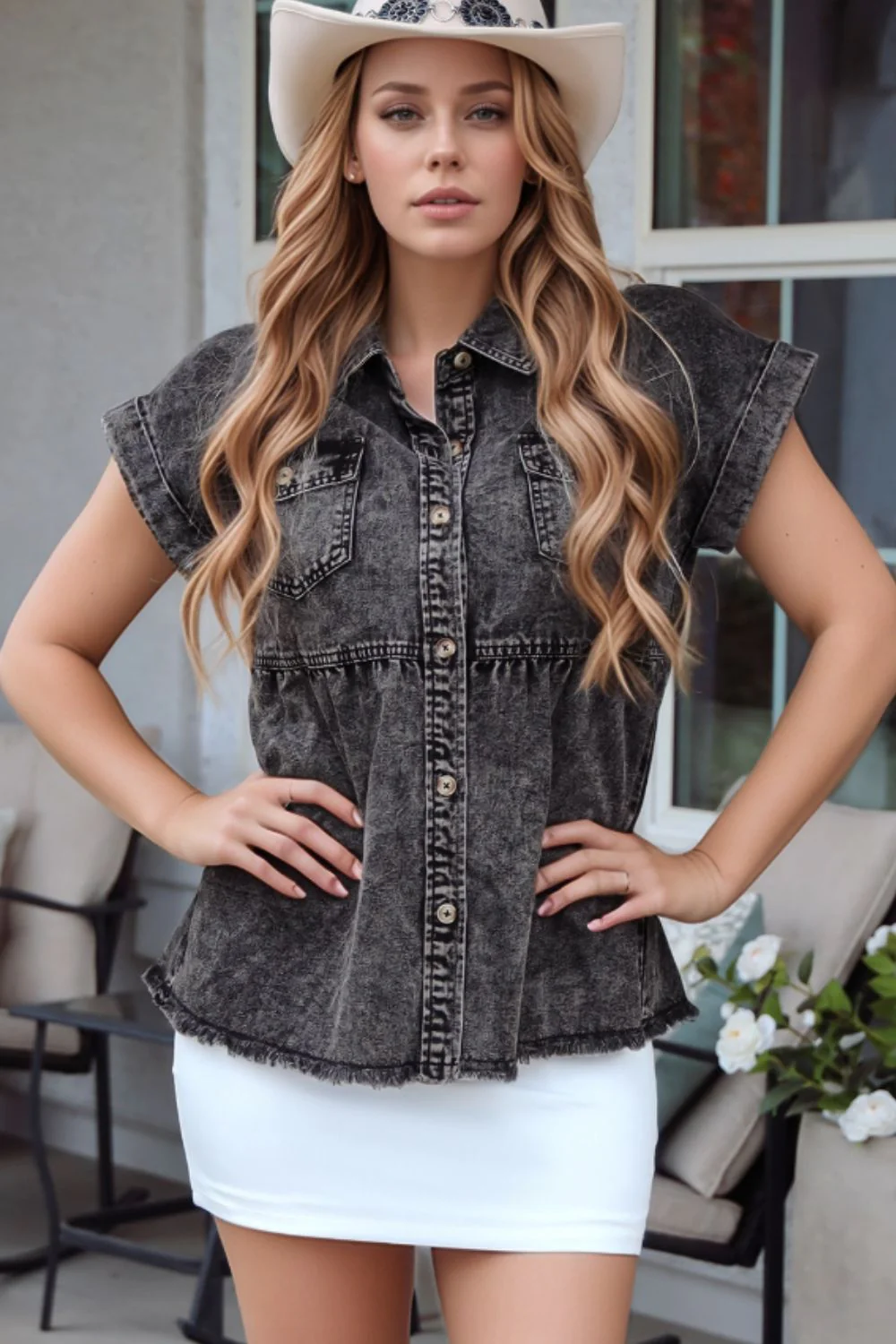 Short Sleeve Flap Pocket Button Up Raw Hem Denim Shirt