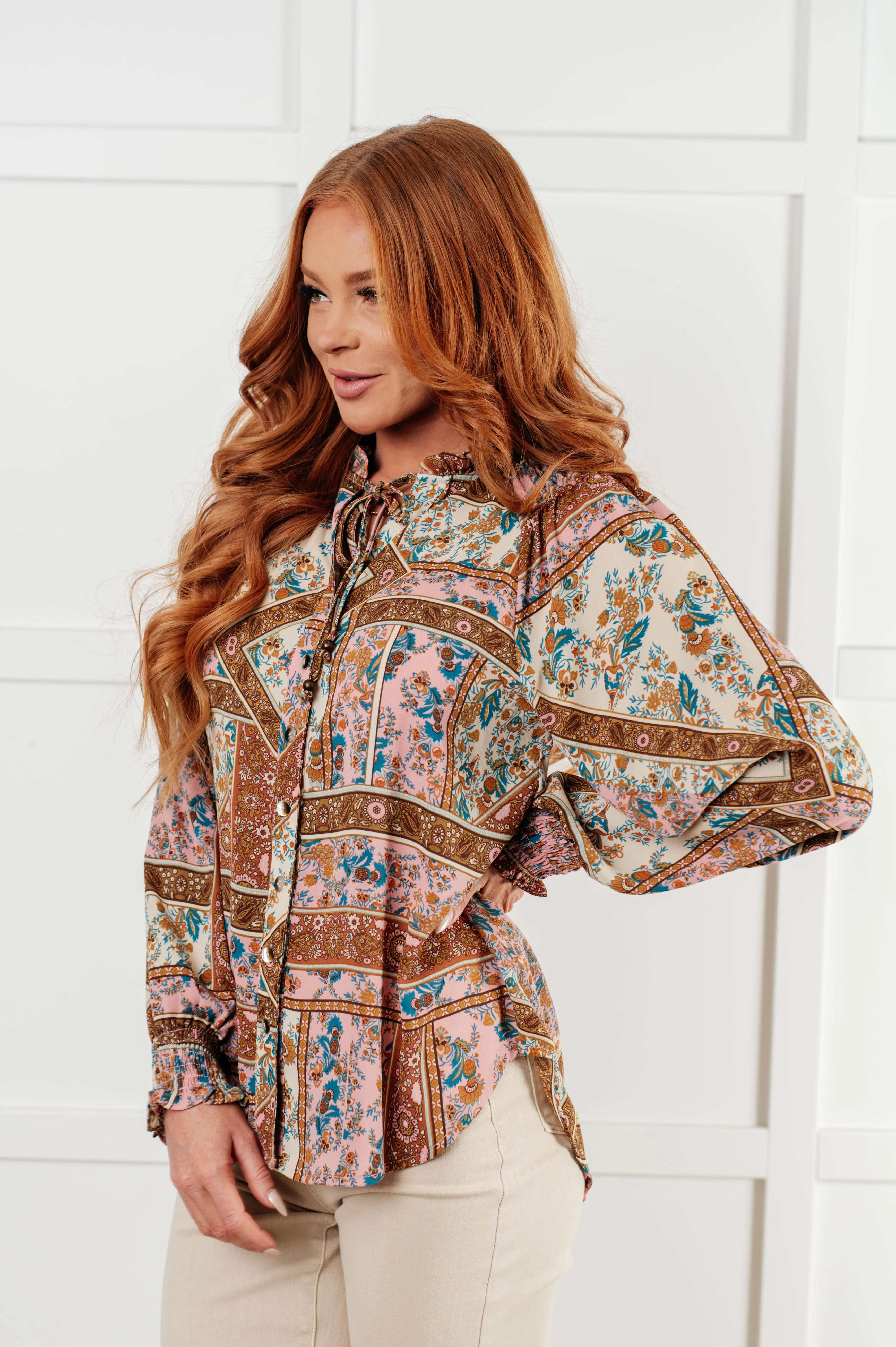 Show and Tell Mixed Print Peasant Blouse - Image 5