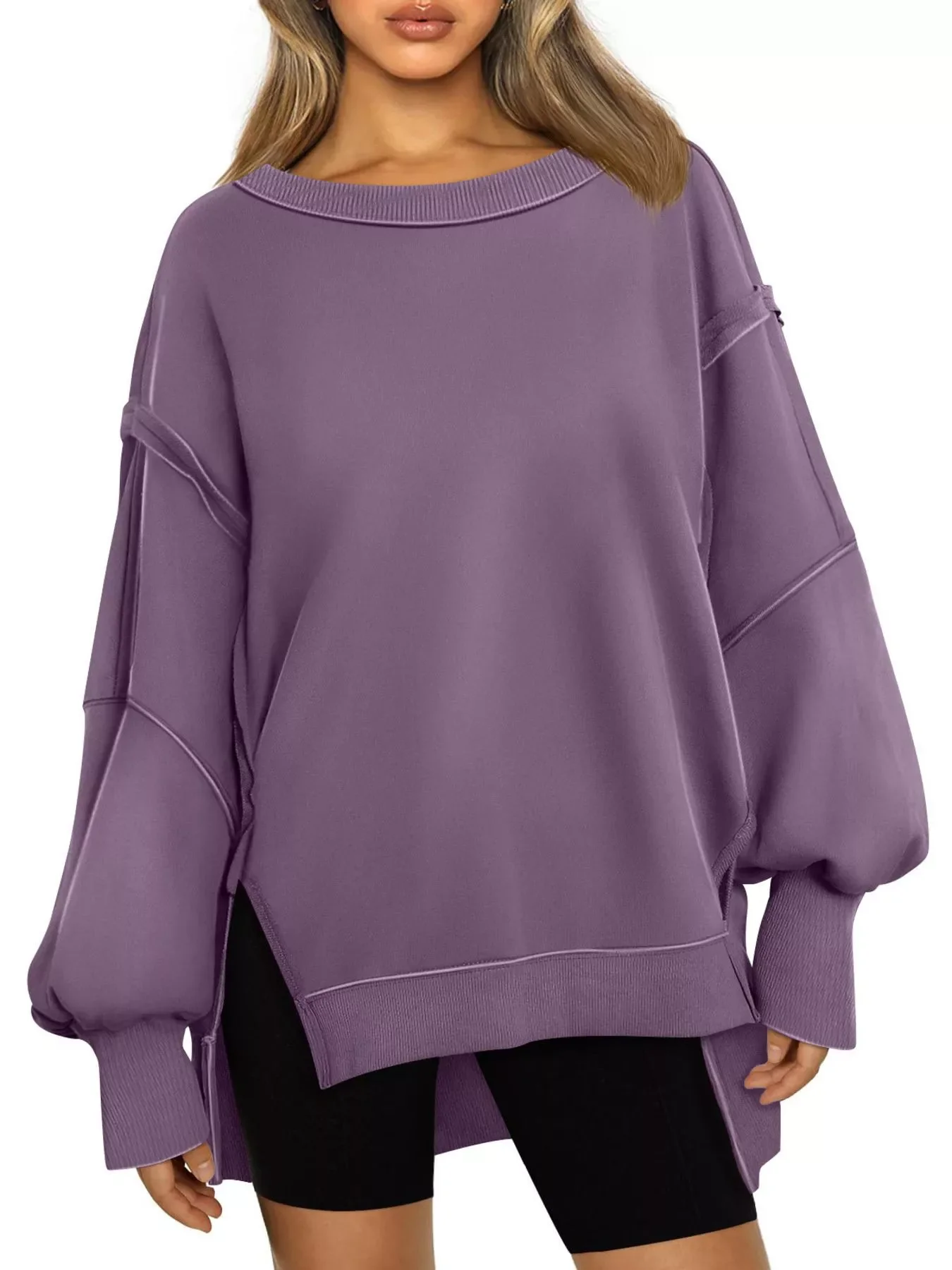 Side Slit Long Sleeve Oversized Sweatshirt - Image 29