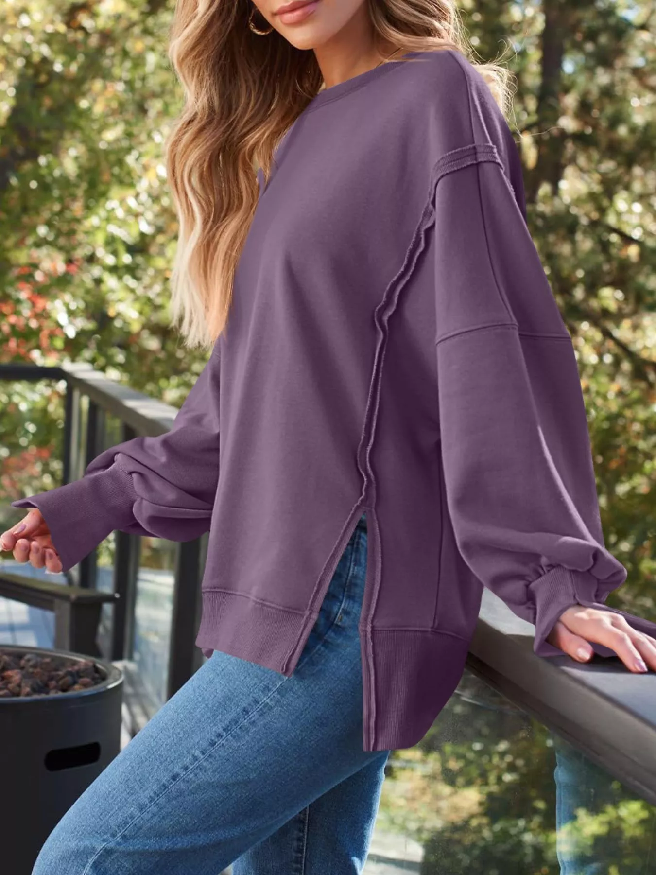 Side Slit Long Sleeve Oversized Sweatshirt - Image 31