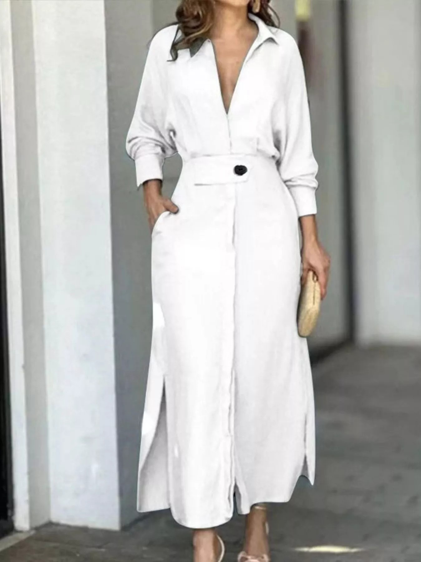 Side Slit Long Sleeve Shirt Dress - Image 8