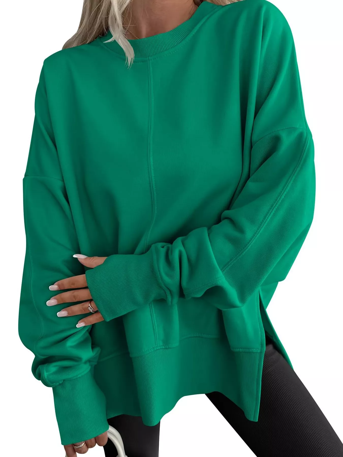 Side Slit Round Neck Long Sleeve Sweatshirt - Image 11