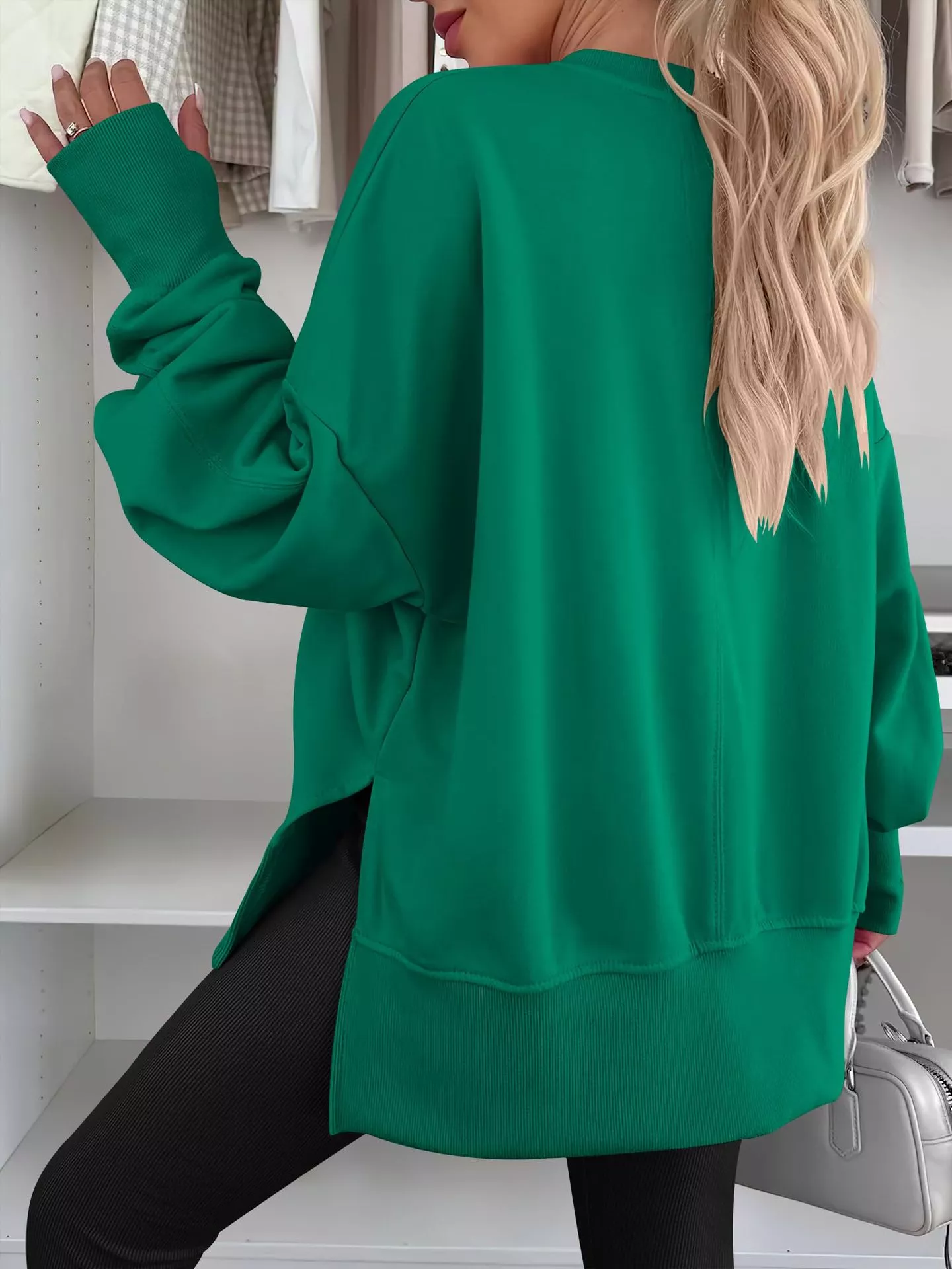 Side Slit Round Neck Long Sleeve Sweatshirt - Image 12