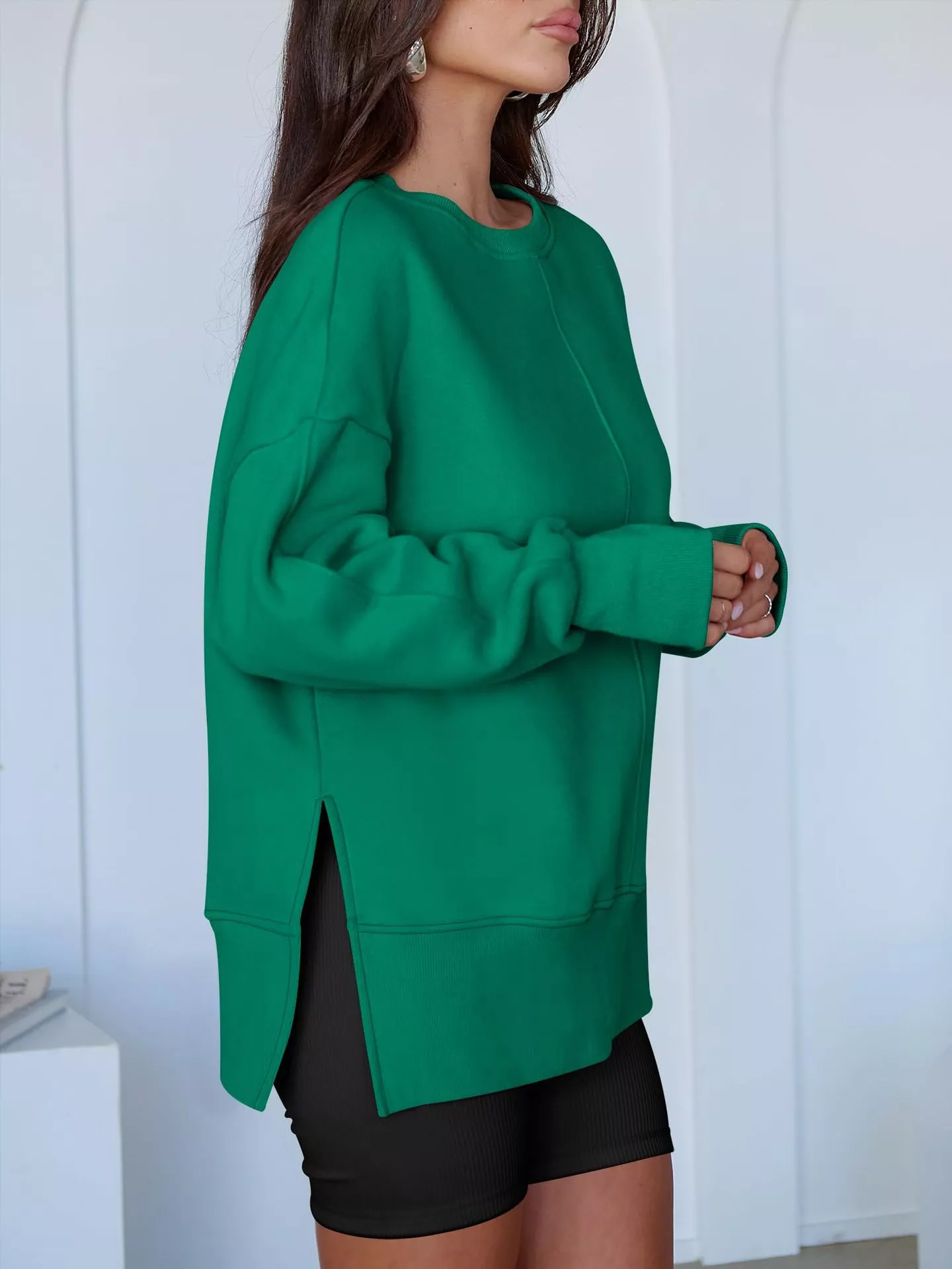 Side Slit Round Neck Long Sleeve Sweatshirt - Image 13