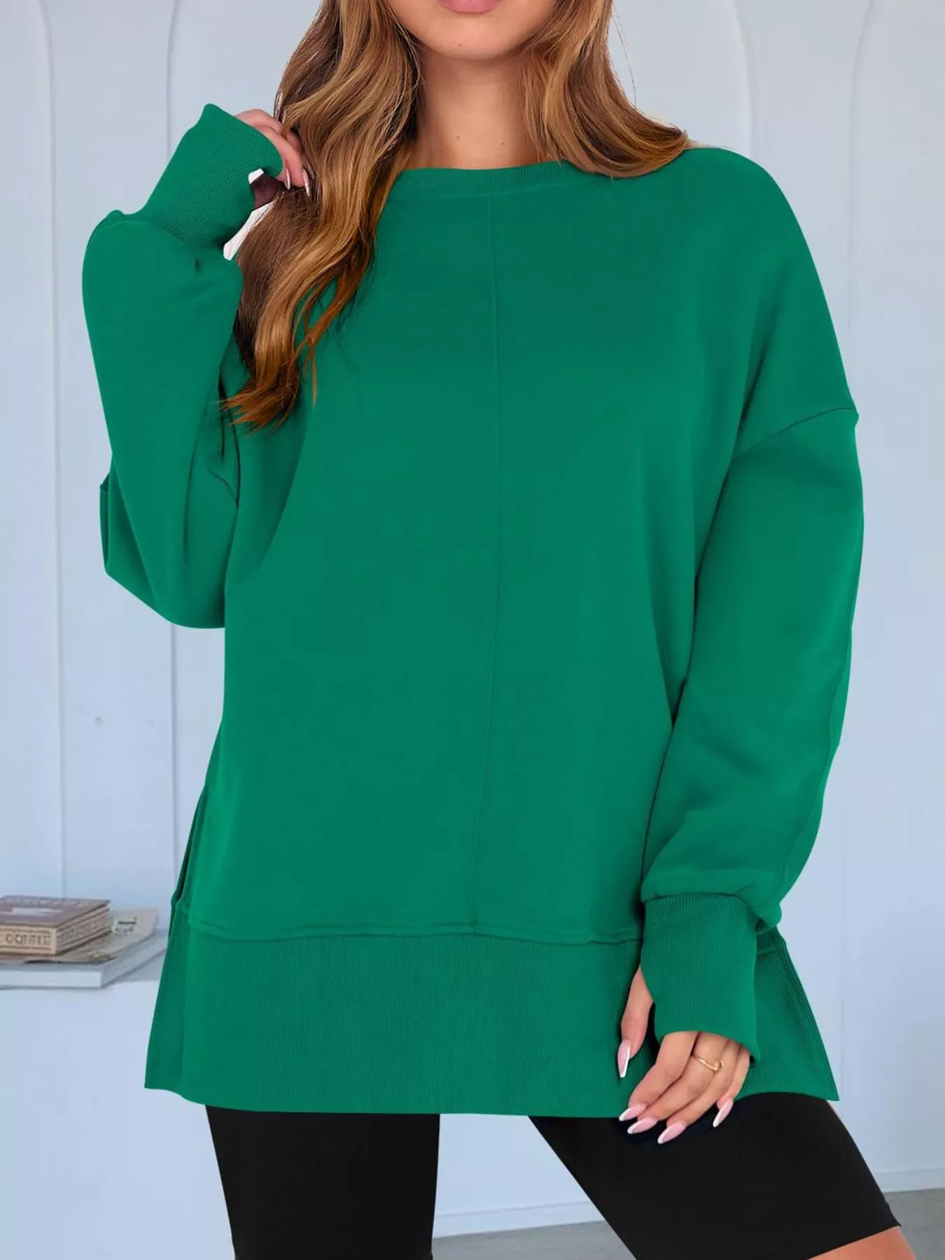 Side Slit Round Neck Long Sleeve Sweatshirt - Image 14