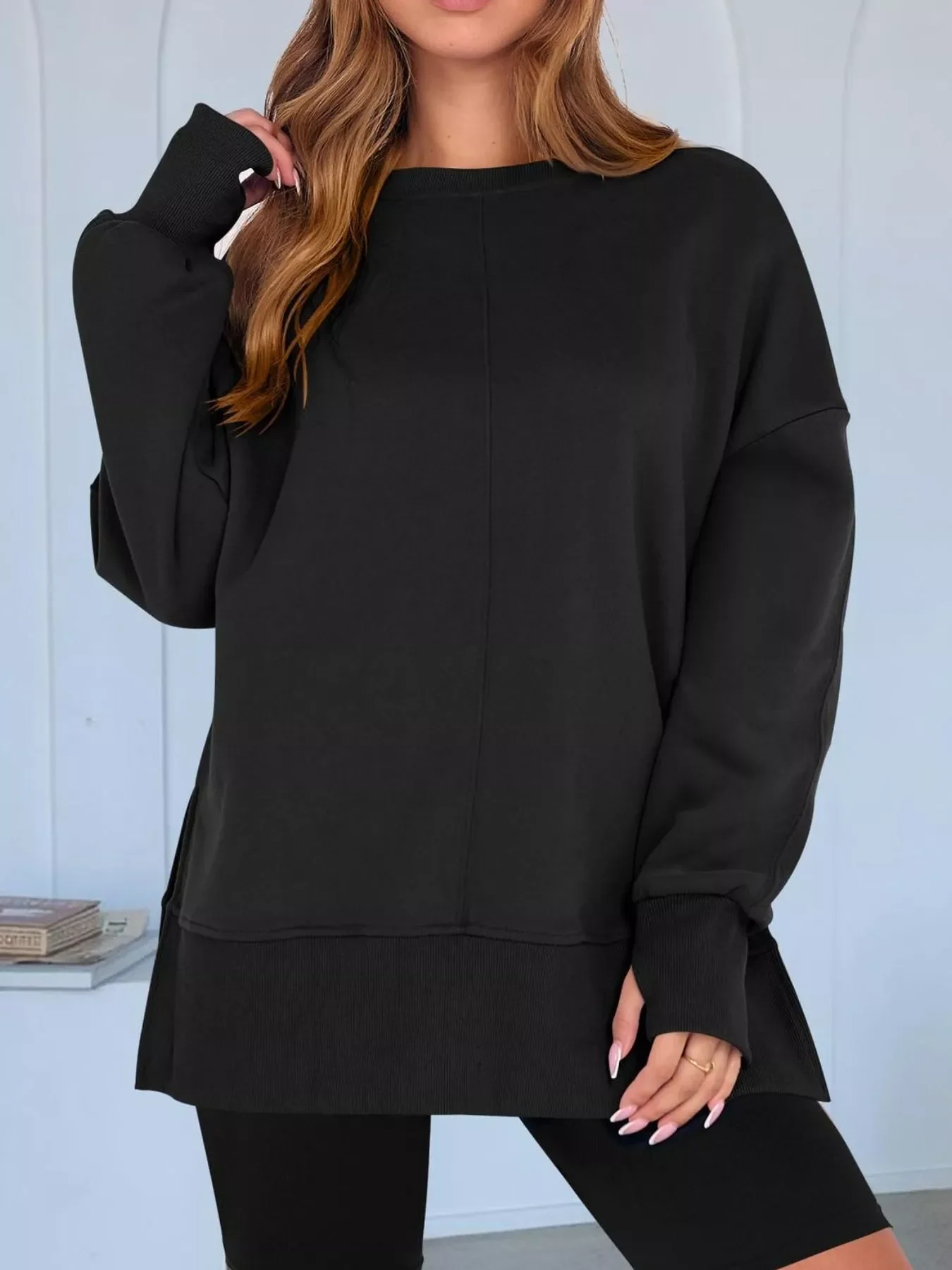 Side Slit Round Neck Long Sleeve Sweatshirt - Image 16
