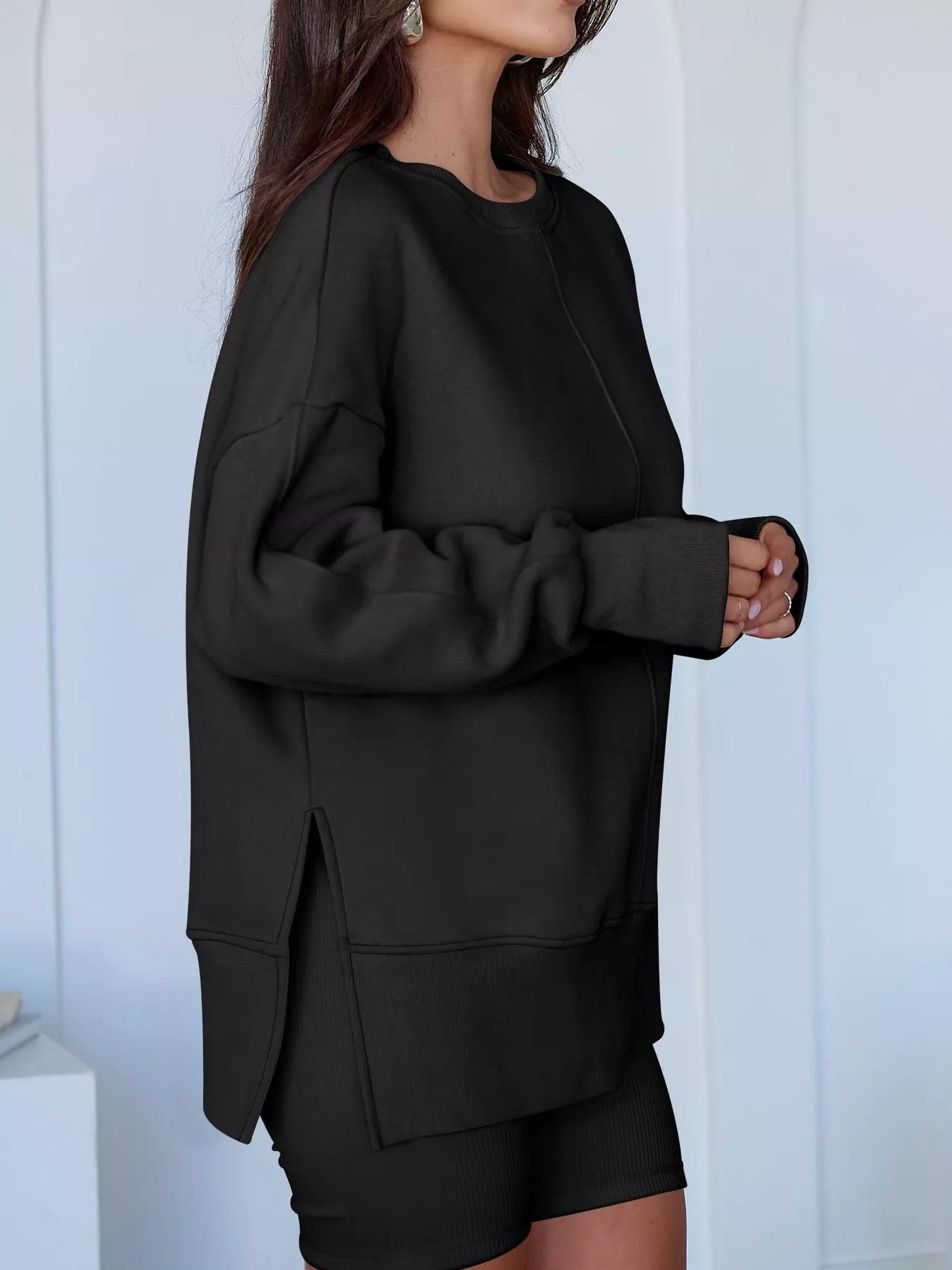 Side Slit Round Neck Long Sleeve Sweatshirt - Image 17