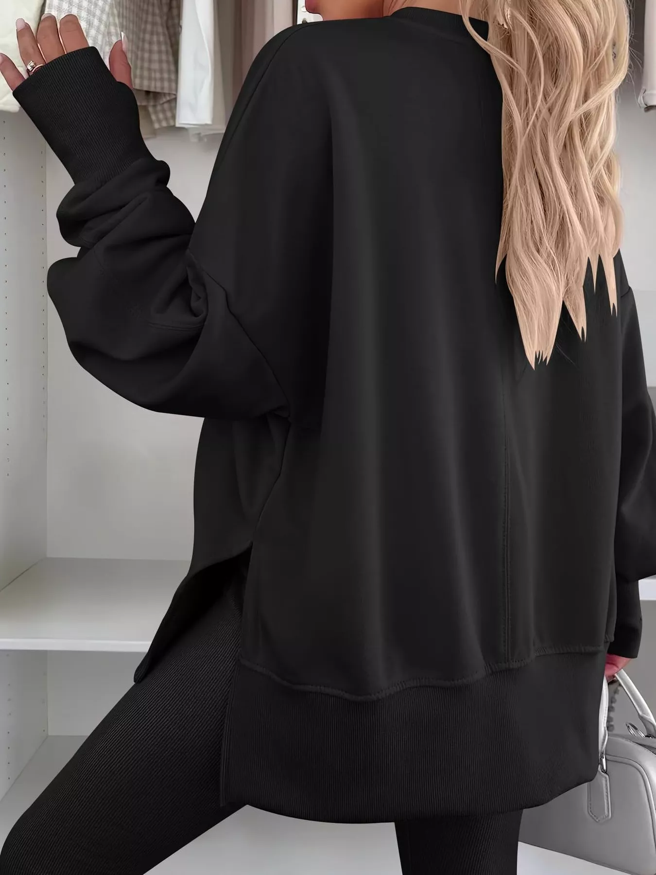 Side Slit Round Neck Long Sleeve Sweatshirt - Image 18