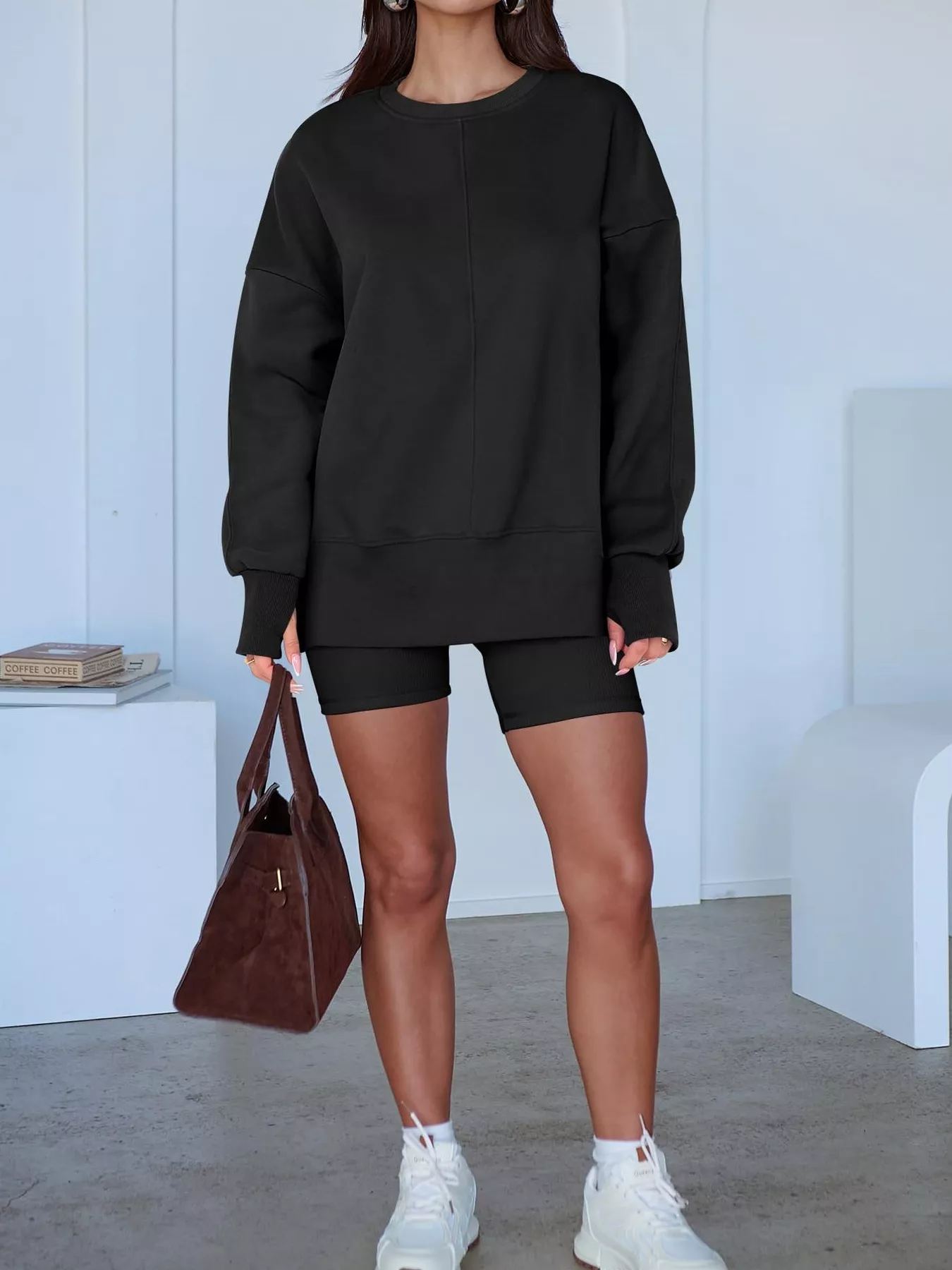 Side Slit Round Neck Long Sleeve Sweatshirt - Image 19