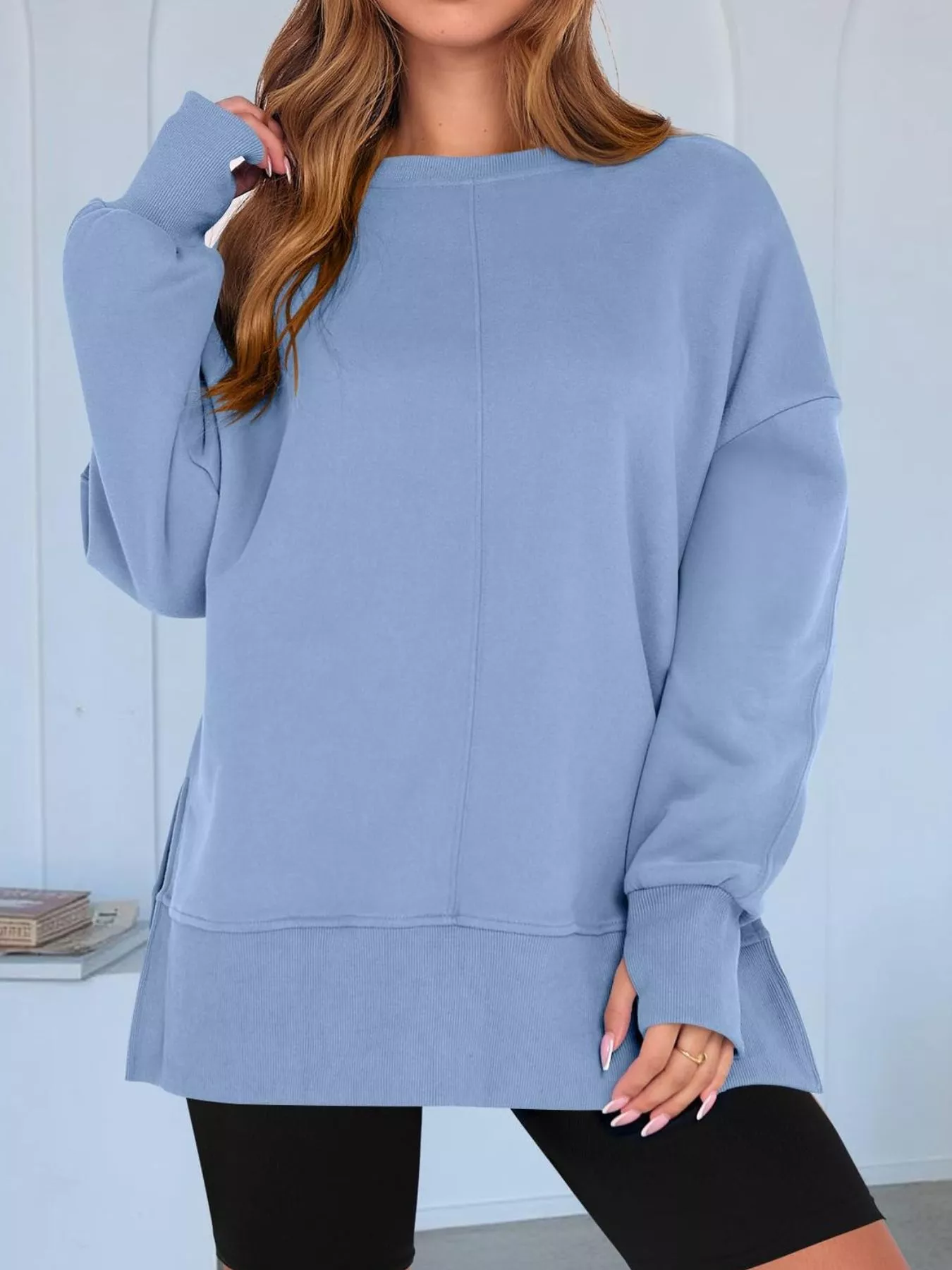 Side Slit Round Neck Long Sleeve Sweatshirt - Image 2