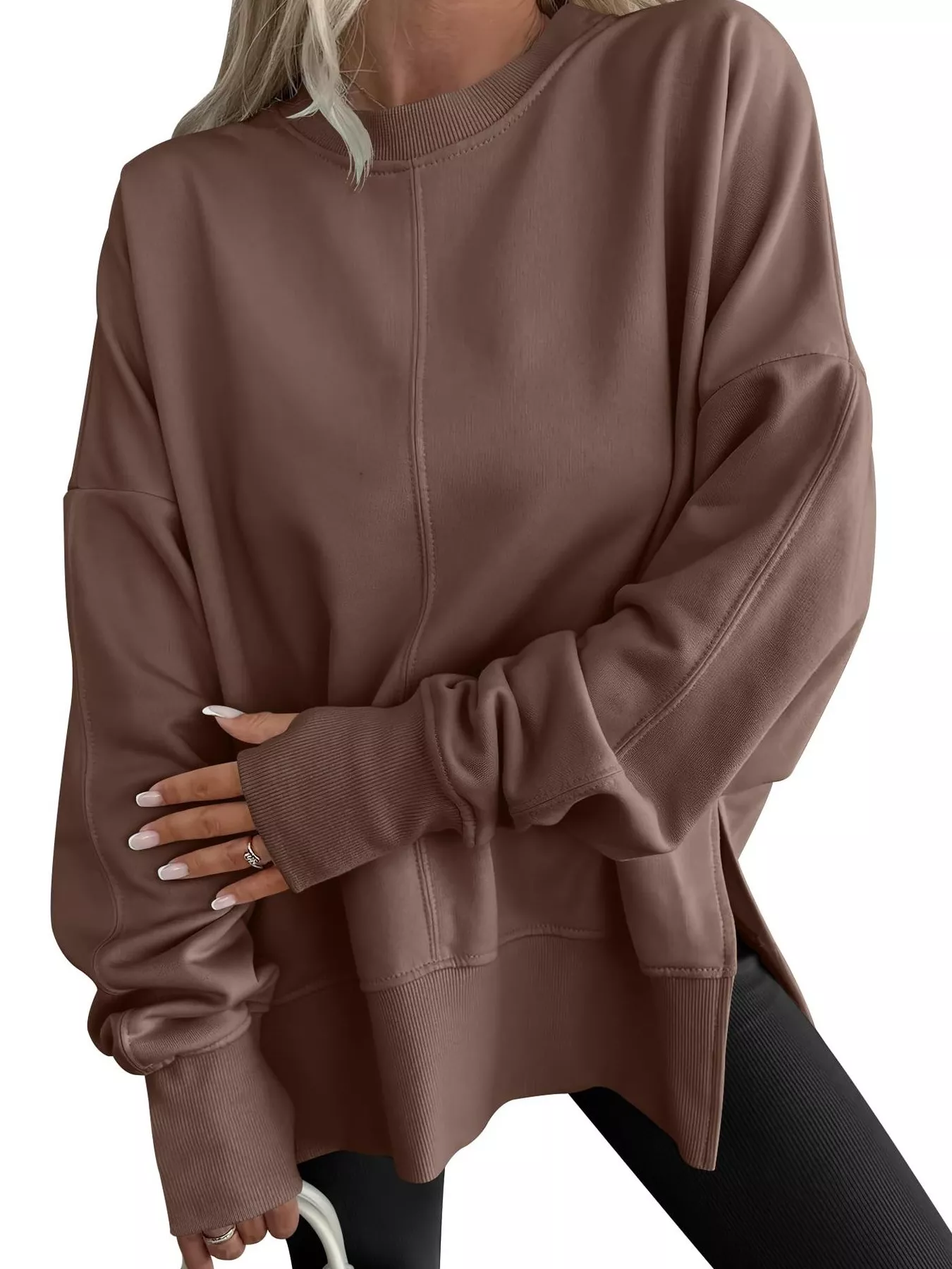 Side Slit Round Neck Long Sleeve Sweatshirt - Image 20