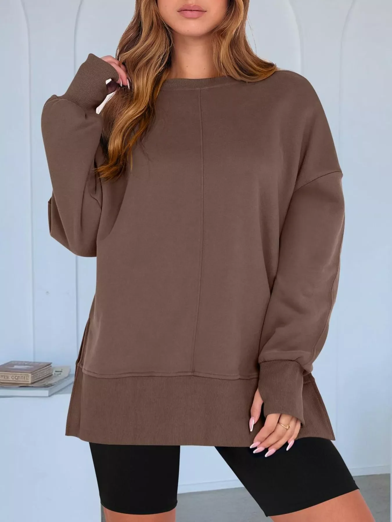 Side Slit Round Neck Long Sleeve Sweatshirt - Image 21
