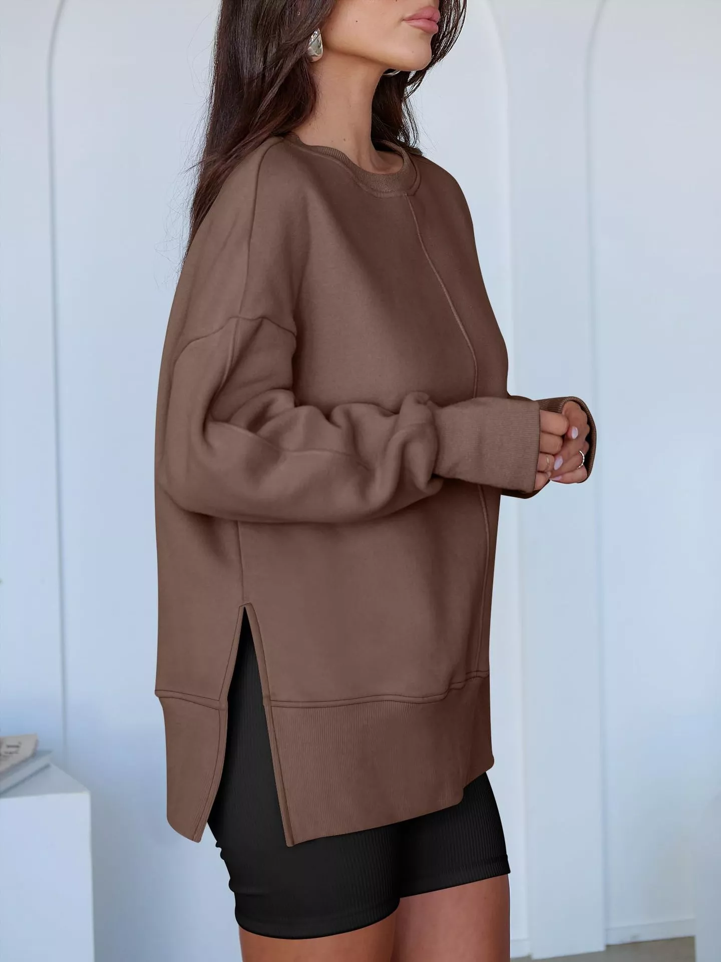 Side Slit Round Neck Long Sleeve Sweatshirt - Image 22