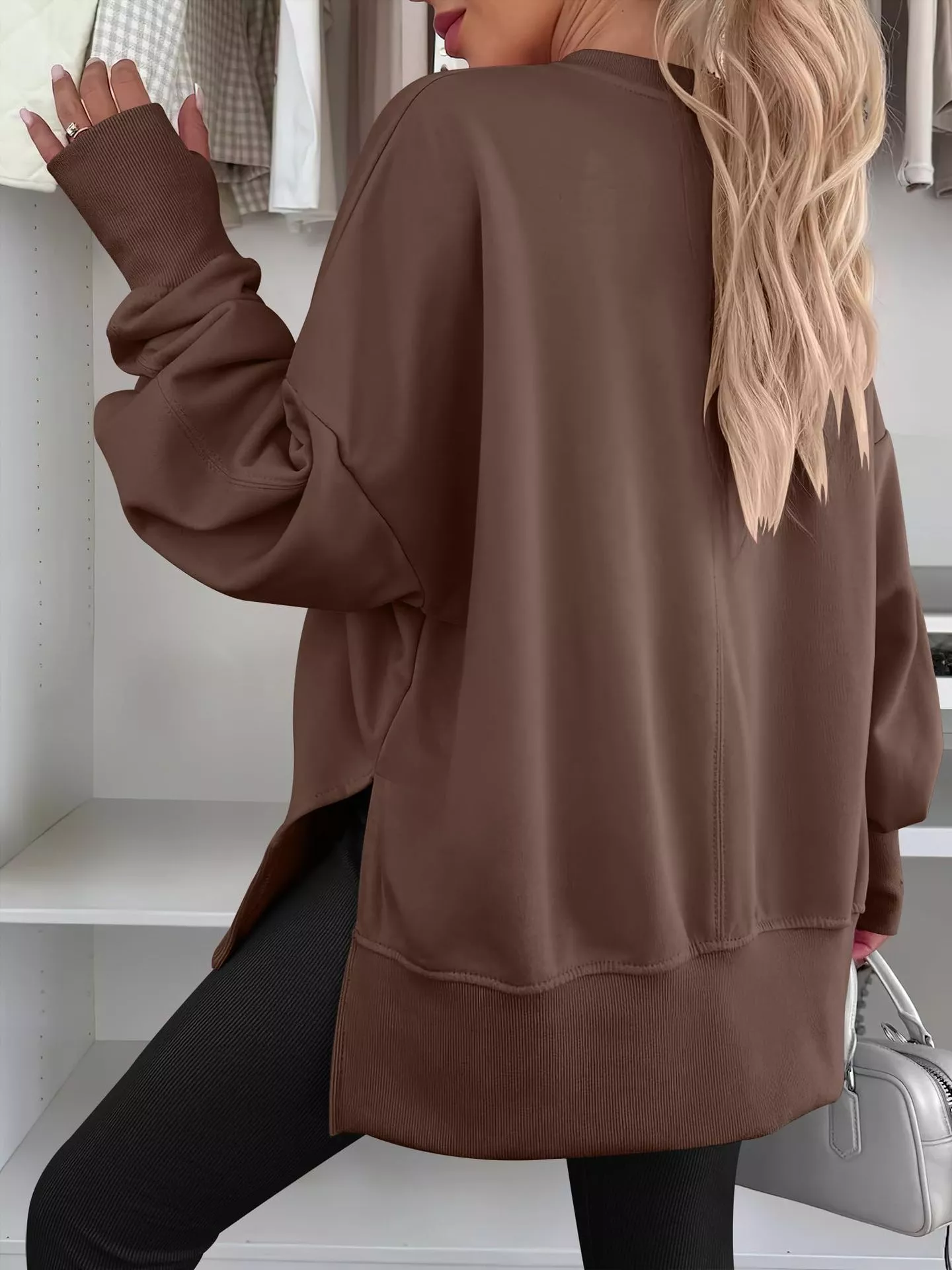 Side Slit Round Neck Long Sleeve Sweatshirt - Image 23