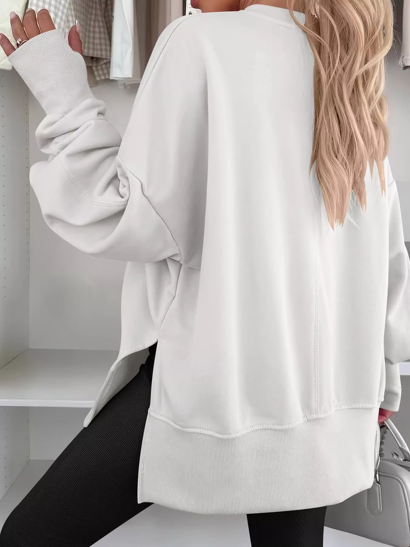 Side Slit Round Neck Long Sleeve Sweatshirt - Image 27
