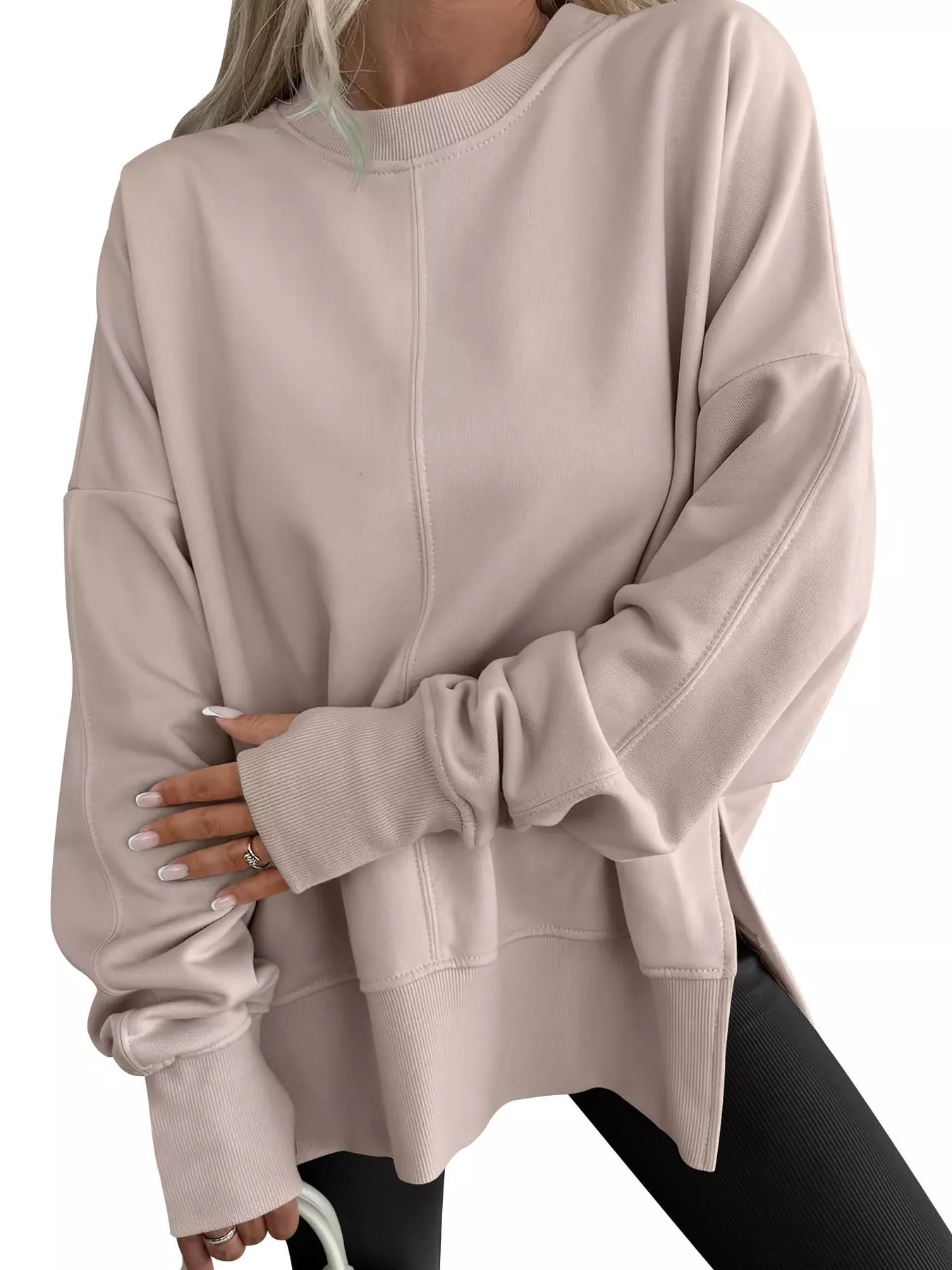 Side Slit Round Neck Long Sleeve Sweatshirt - Image 29