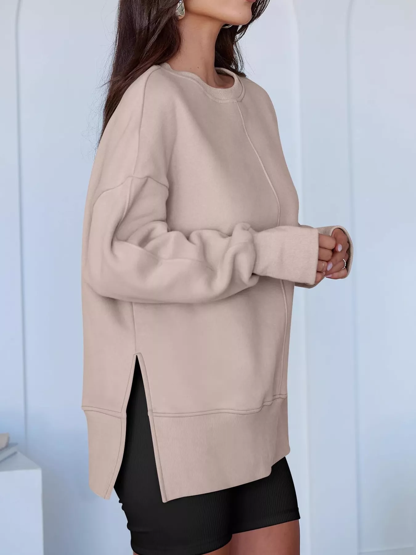 Side Slit Round Neck Long Sleeve Sweatshirt - Image 31