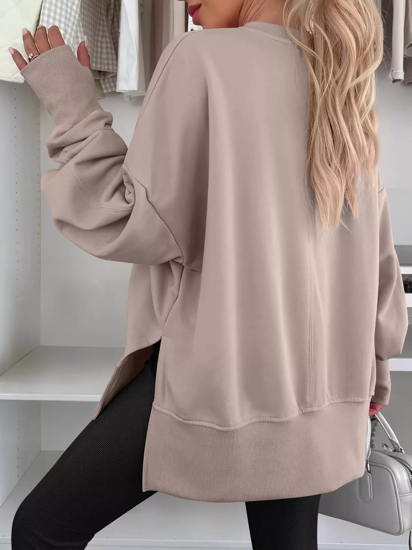 Side Slit Round Neck Long Sleeve Sweatshirt - Image 32