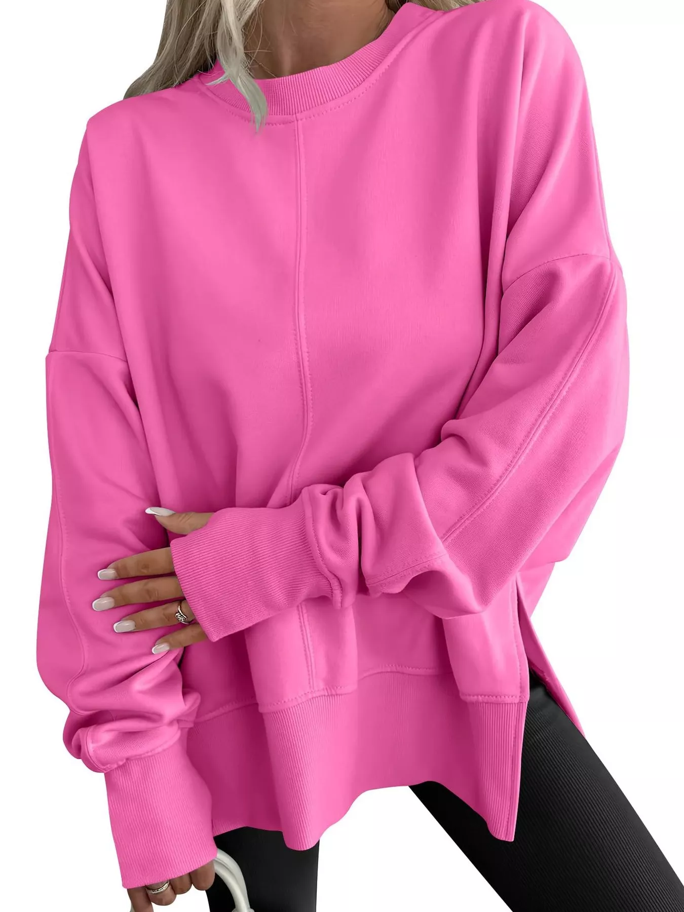 Side Slit Round Neck Long Sleeve Sweatshirt - Image 33