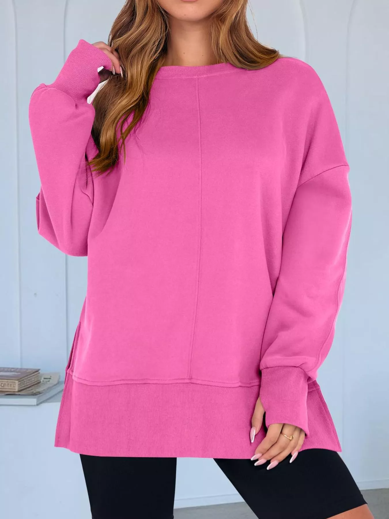 Side Slit Round Neck Long Sleeve Sweatshirt - Image 34